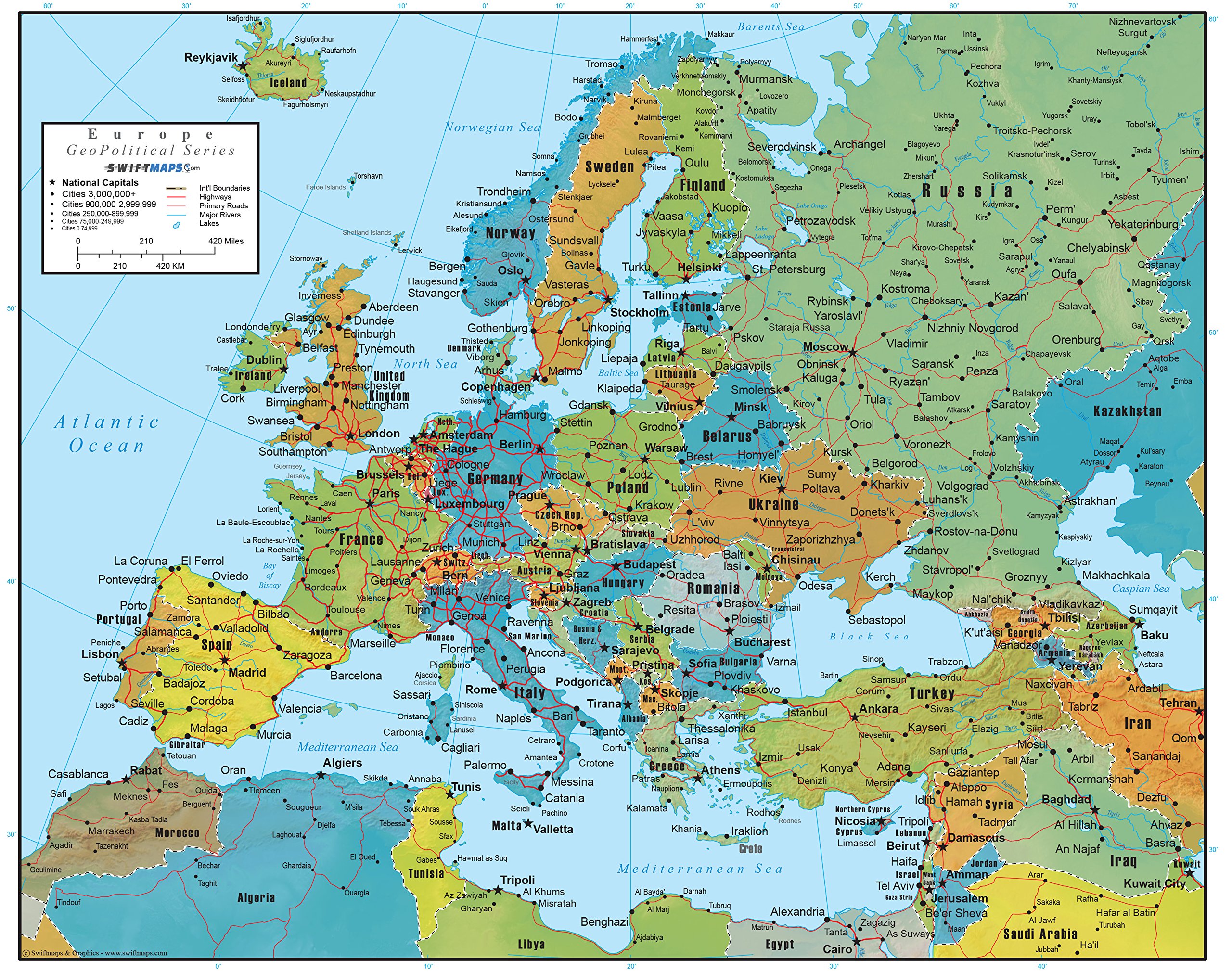 Europe Wall Map Laminated GeoPolitical Edition by Swiftmaps A2 (42cm x 60cm)