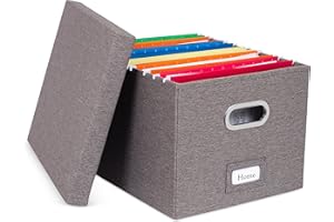 Internet's Best Collapsible File Box Storage Organizer with Lid - Decorative Linen Filing & Storage Office Boxes – Hanging Letter/Legal Folder – Home Office Bins Cabinet – Grey Container - 1 Pack