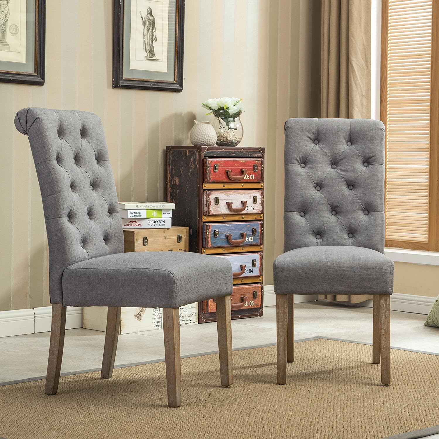 Roundhill Furniture Habit Grey Solid Wood Tufted Parsons Dining Chair (Set of 2), Gray - Chairs