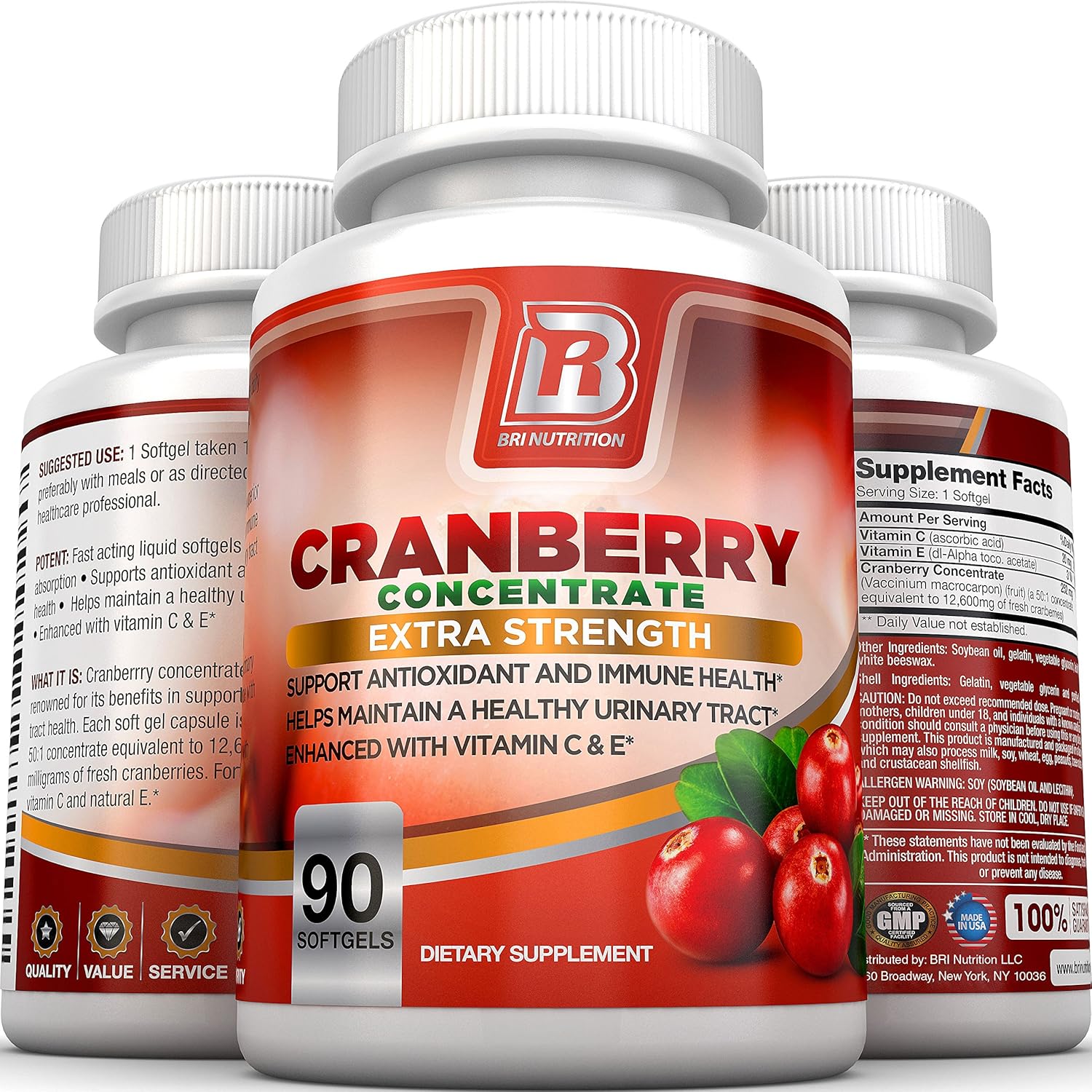 BRI Nutrition 3X Strength 12,600mg CranGel Power Plus: High Potency, Maximum Strength Cranberry SoftGel Capsules Fortified with Vitamins C and Natural E - 90 Softgels: Health & Personal Care
