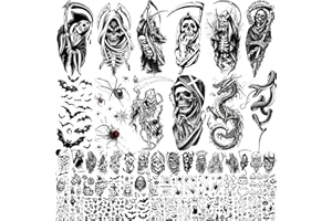 EGMBGM 61 Sheets Halloween Temporary Tattoos for Men Women Adults, 12 Sheets Skeleton Death Skull Demon Devil Half Arm Sleeve Fake Tattoo Stickers, 49 Sheets Spider Web Bat Snake Vampire Scar Face Tattoos