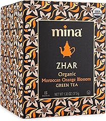 Mina Zhar Organic Moroccan Orange Blossom Green Tea, 15 Biodegradable Sachets - Refreshing Sencha Green Tea Bags, Low in Caff
