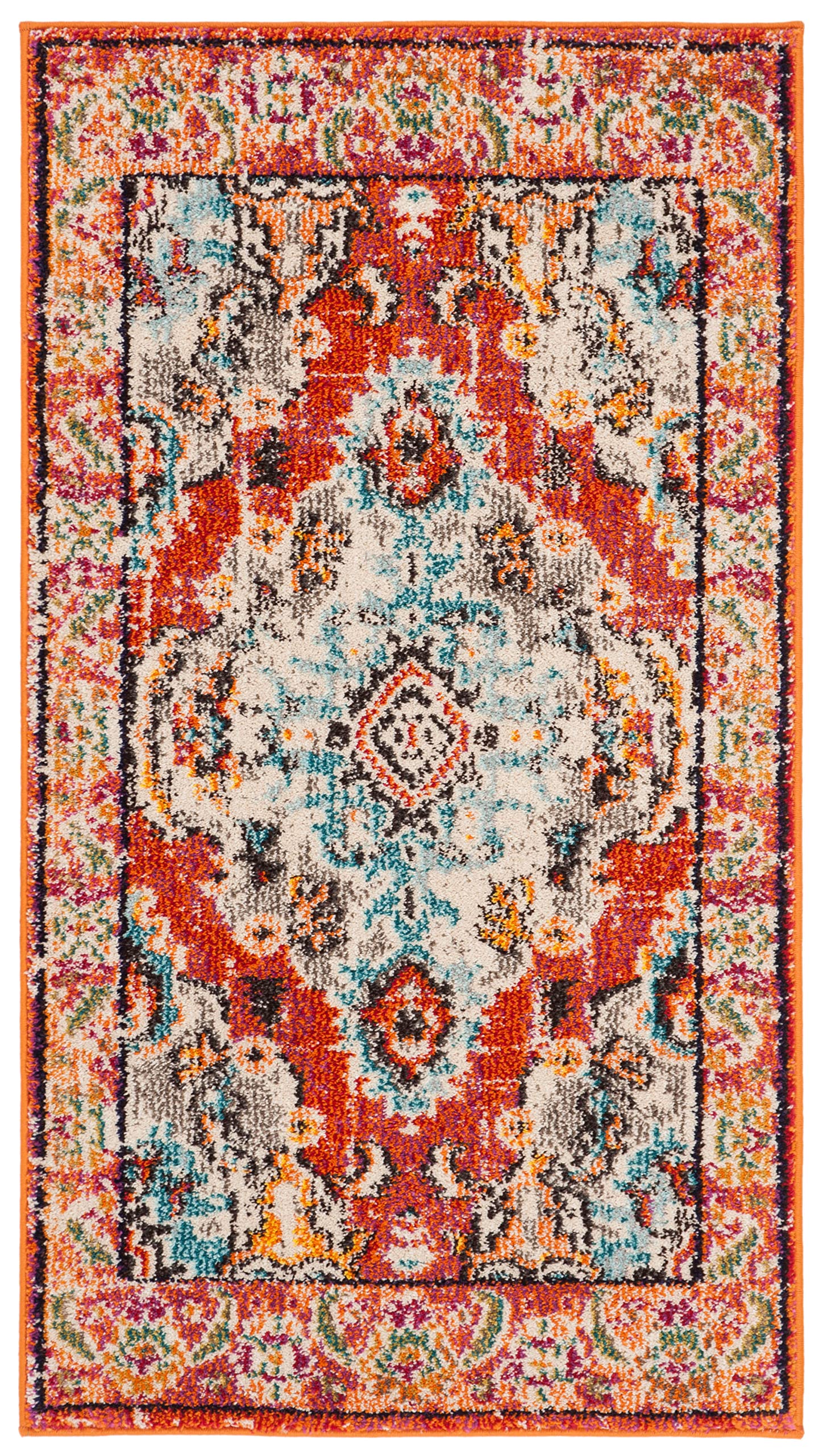 Safavieh Boho Chic Rug for Living Room, Dining Room, Bedroom - Monaco Collection, Short Pile, Orange and Light Blue, 24 x 36 Inches