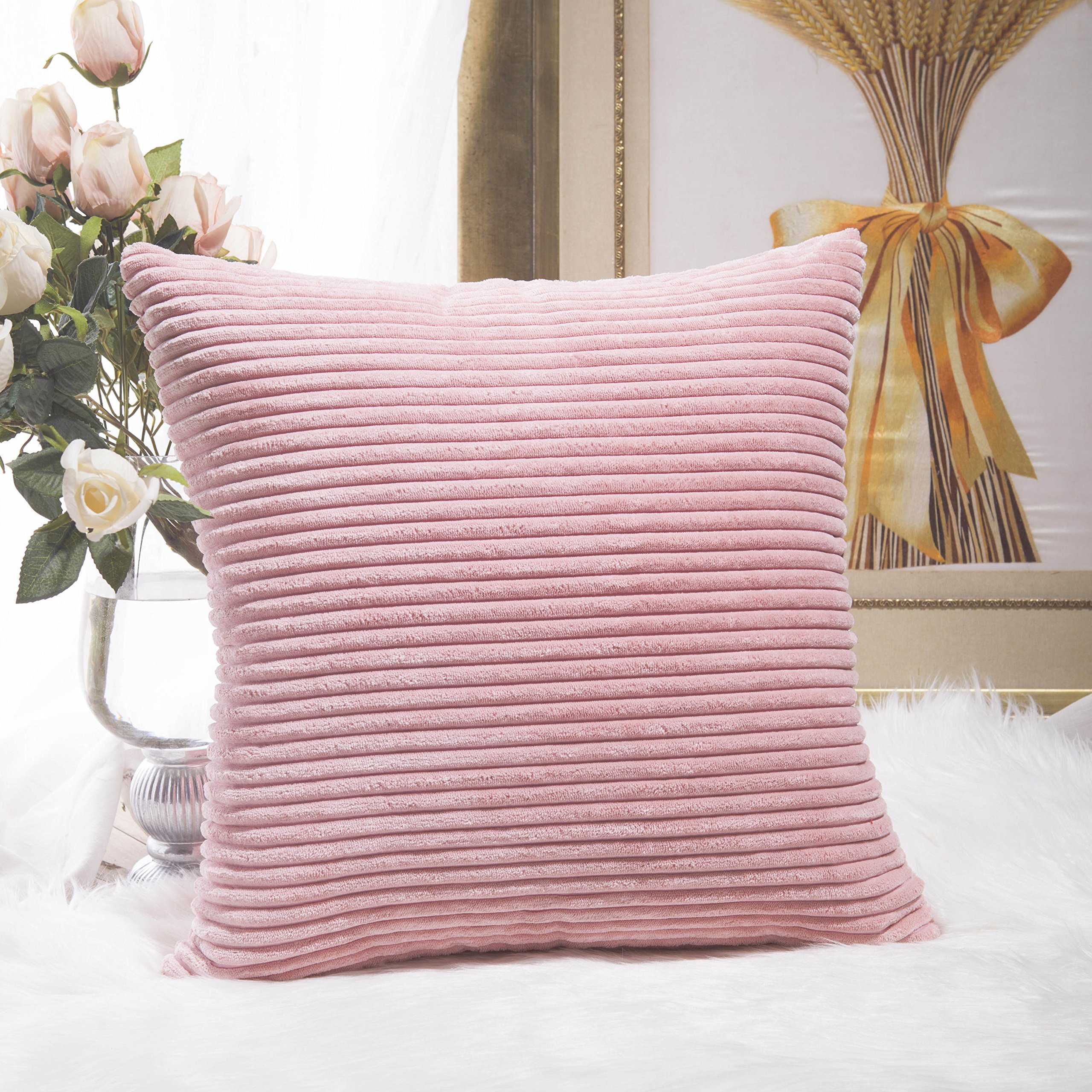 Home Brilliant Supersoft Striped Velvet Corduroy Decorative Throw Toss Pillowcase Cushion Cover for Baby, Baby Pink, (45x45 cm, 18inch)