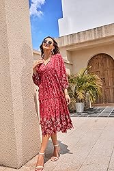 HECCPLI Women's Bohemian V Neck Floral Print A-line