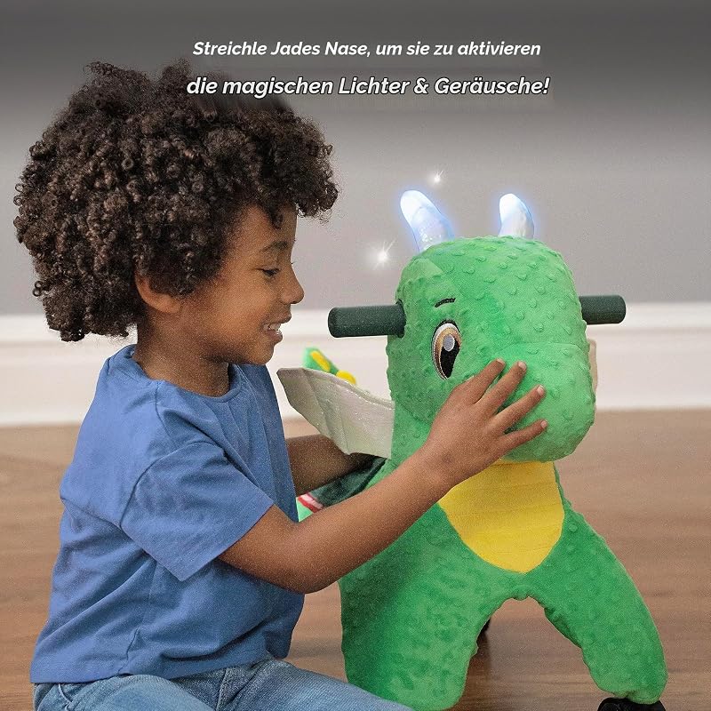 Jade, der magische Drache zum Berühren mit interaktiven Lichtern und Geräuschen, grünes Rutschfahrzeug, für Kinder von 1 bis 3 Jahren