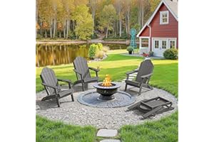 LUE BONA Folding Adirondack Chair, Chairs Set of 4, Cup Holder, Woodgrain, Fire Pit, Patio, Pool, Dark Grey