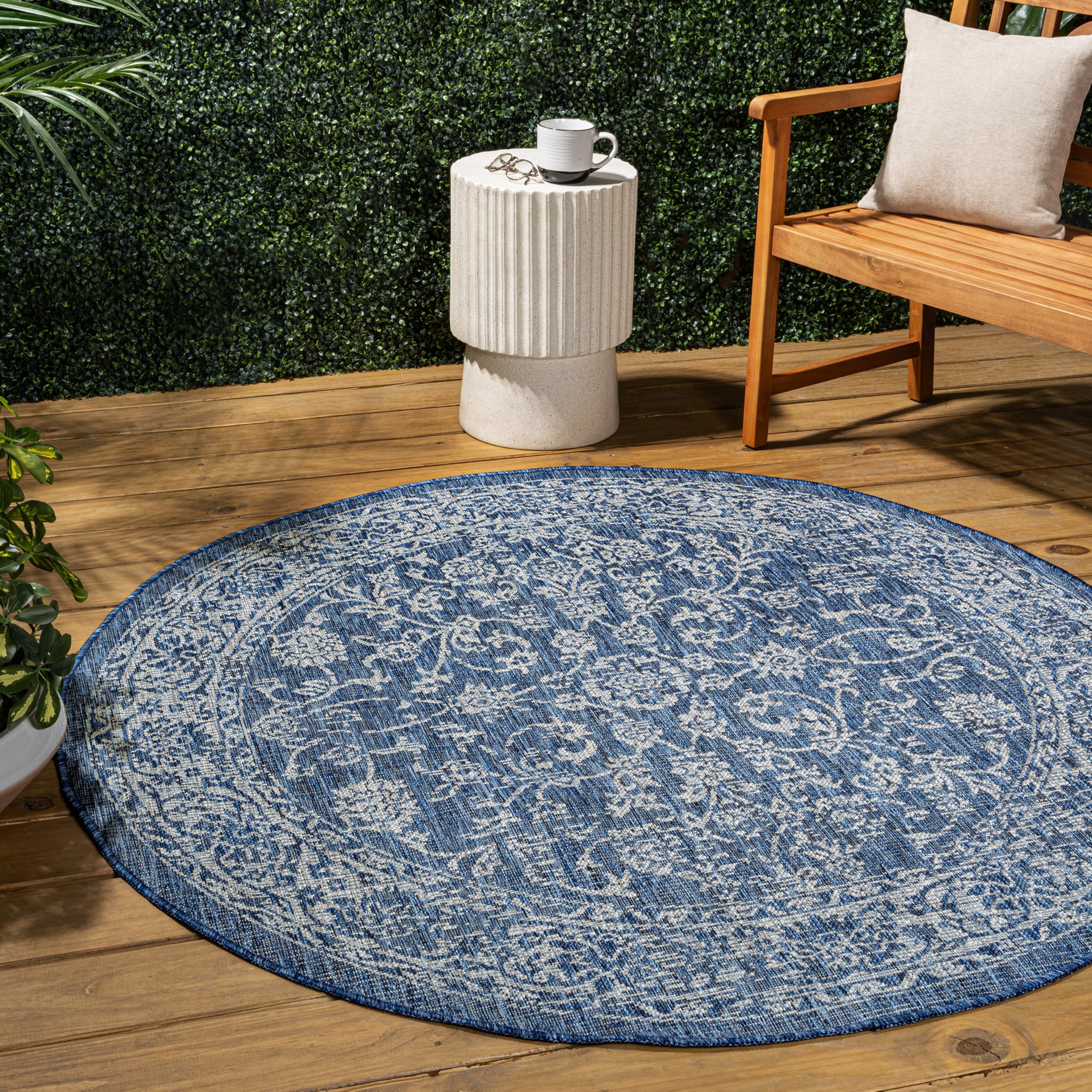 JONATHAN Y Weave Floral Indoor Outdoor Round Area Rug 8 Ft Navy/Gray, Tela Bohemian Textured for Backyard, Patio, Porch, Easy-Cleaning, High Traffic, Pet-Friendly, Non-Shedding (SMB100B-8R) Image