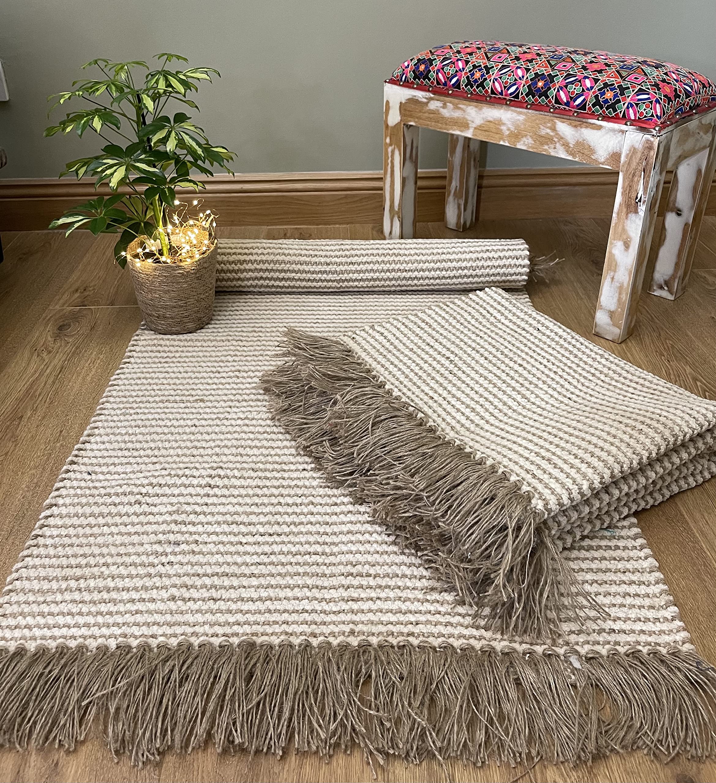 Second Nature Online Colva Thin Rug Pale Two Tone Natural Oatmeal Beige Stripe Flat Weave of Cotton Jute Yarn (90cm x 150cm)