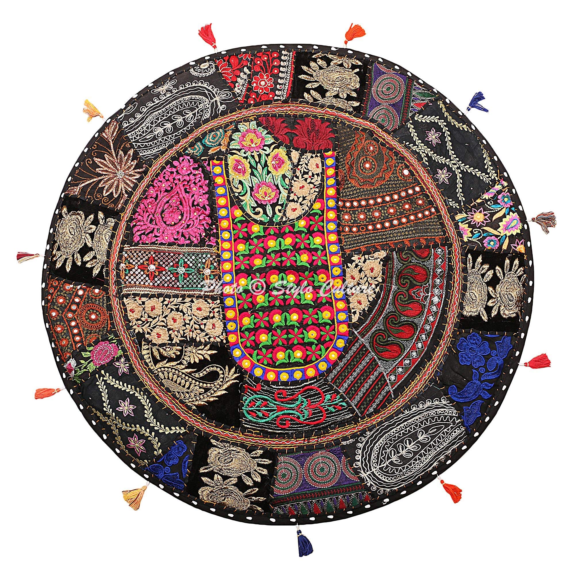Stylo Culture Decorative Round Floor Cushion Outdoor Throw Pillow Cover Black 70x70 cm Vintage Patchwork Living Room Boho Big Pillows 28 inch Home Decor Cotton Embroidered Seating Pouffe Cover
