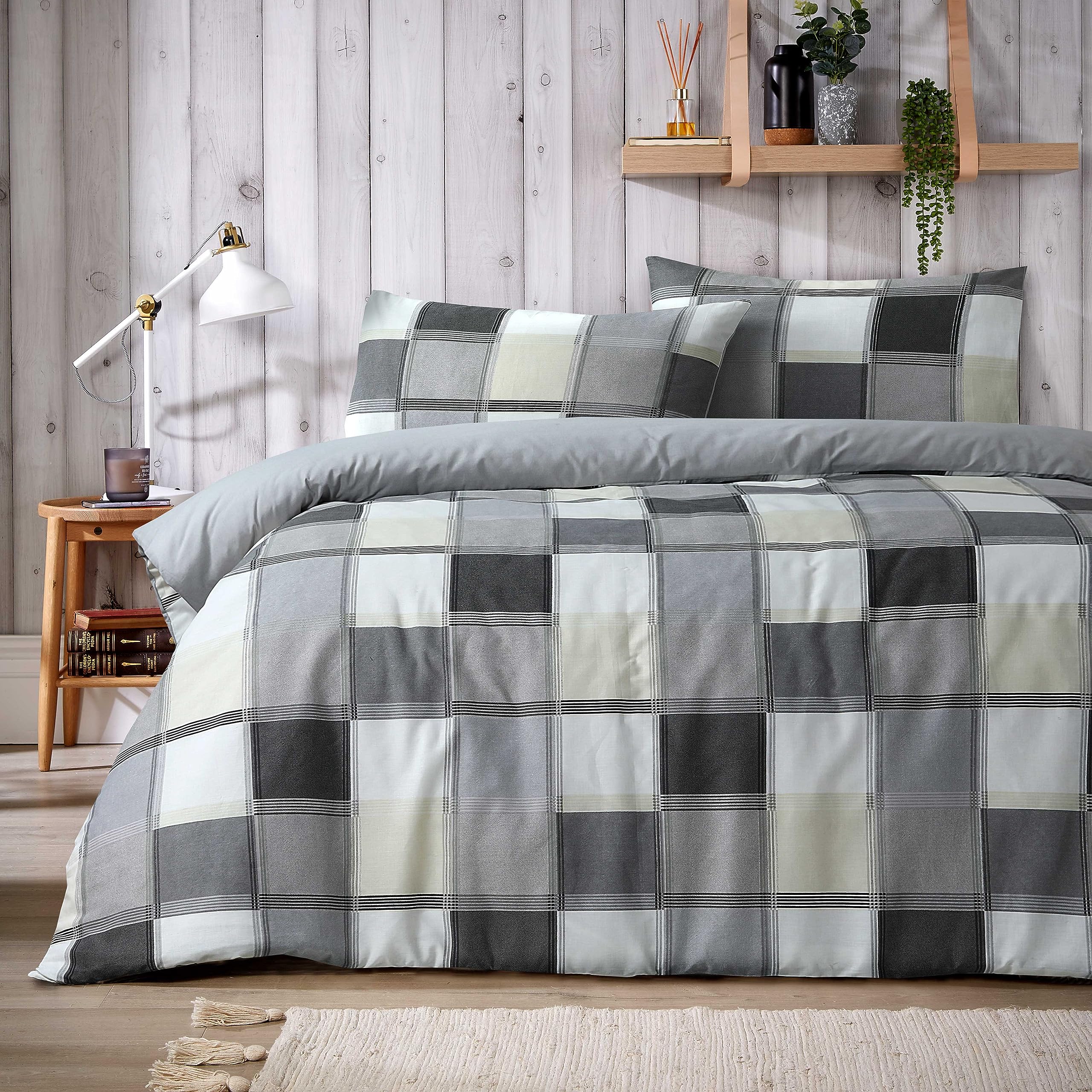 Olivia Rocco Glencoe Check Duvet Cover Set Easy Care Bedding Quilt Covers Polycotton Bed Linen with Pillowcases, King Grey