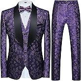 UNINUKOO Mens Slim Fit Suit 3 Piece 1 Button Paisley Prom Floral Wedding Tuxedo for Men