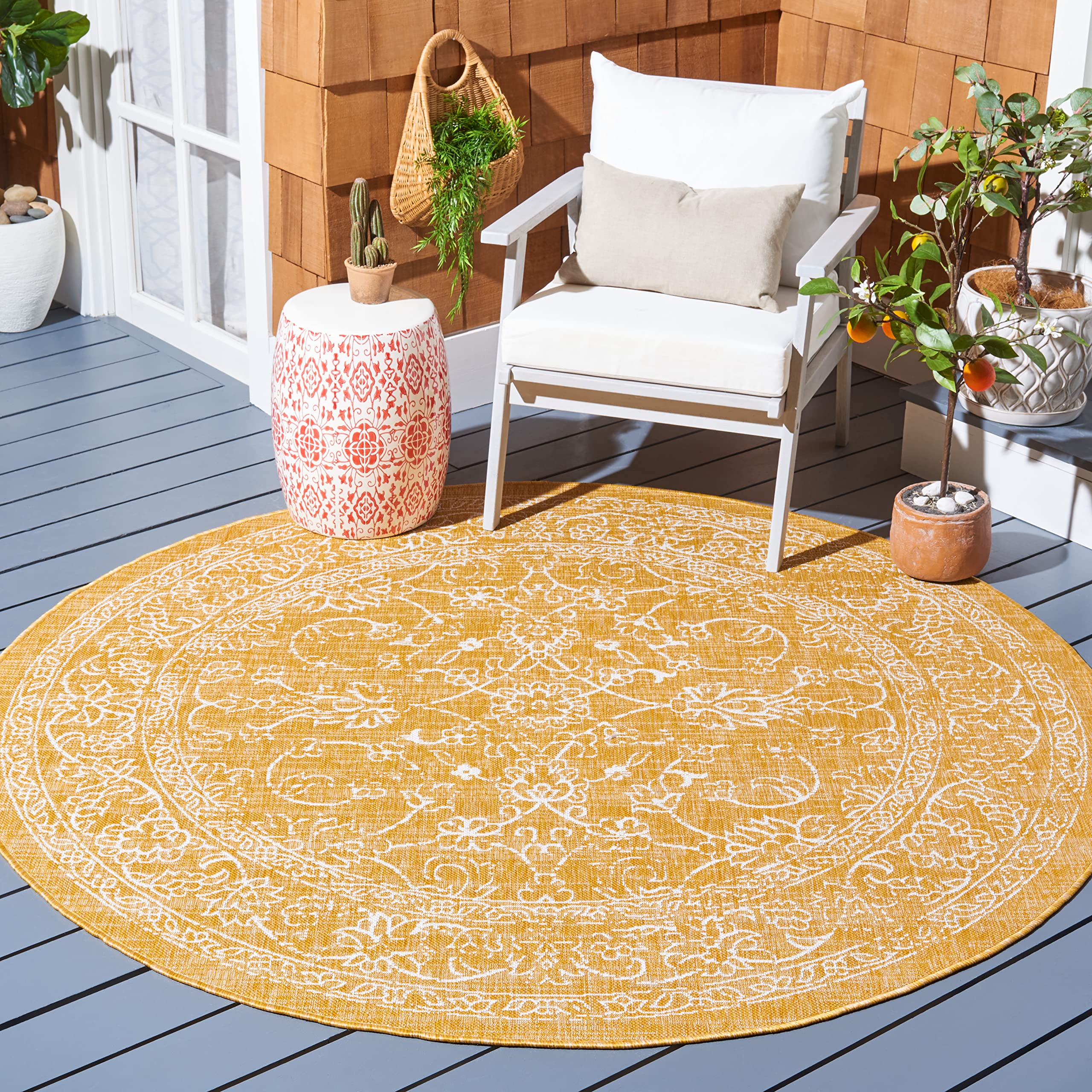 SAFAVIEH Washable Rug Outdoor Courtyard Collection - 6'7" Round, Gold & Ivory, Non-Shedding & Easy Cleaning, Ideal for Patio, Backyard, Mudroom (CY8680-56021) Image