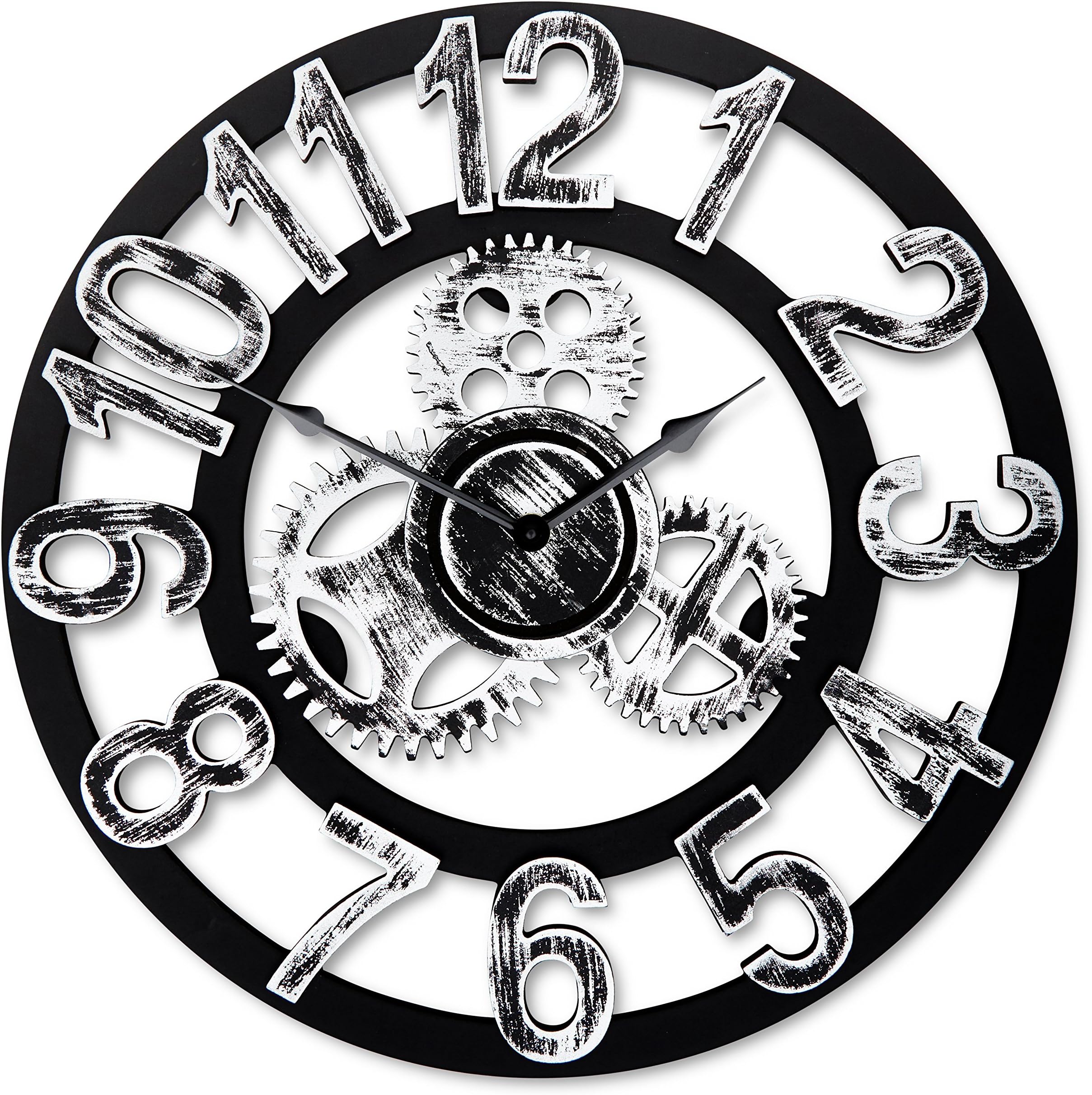 Top Race 16 Inch Round Wall Clock, Antique Handmade Wooden Vintage 3D Gear Design, By Chevy K. (Silver with Numbers)