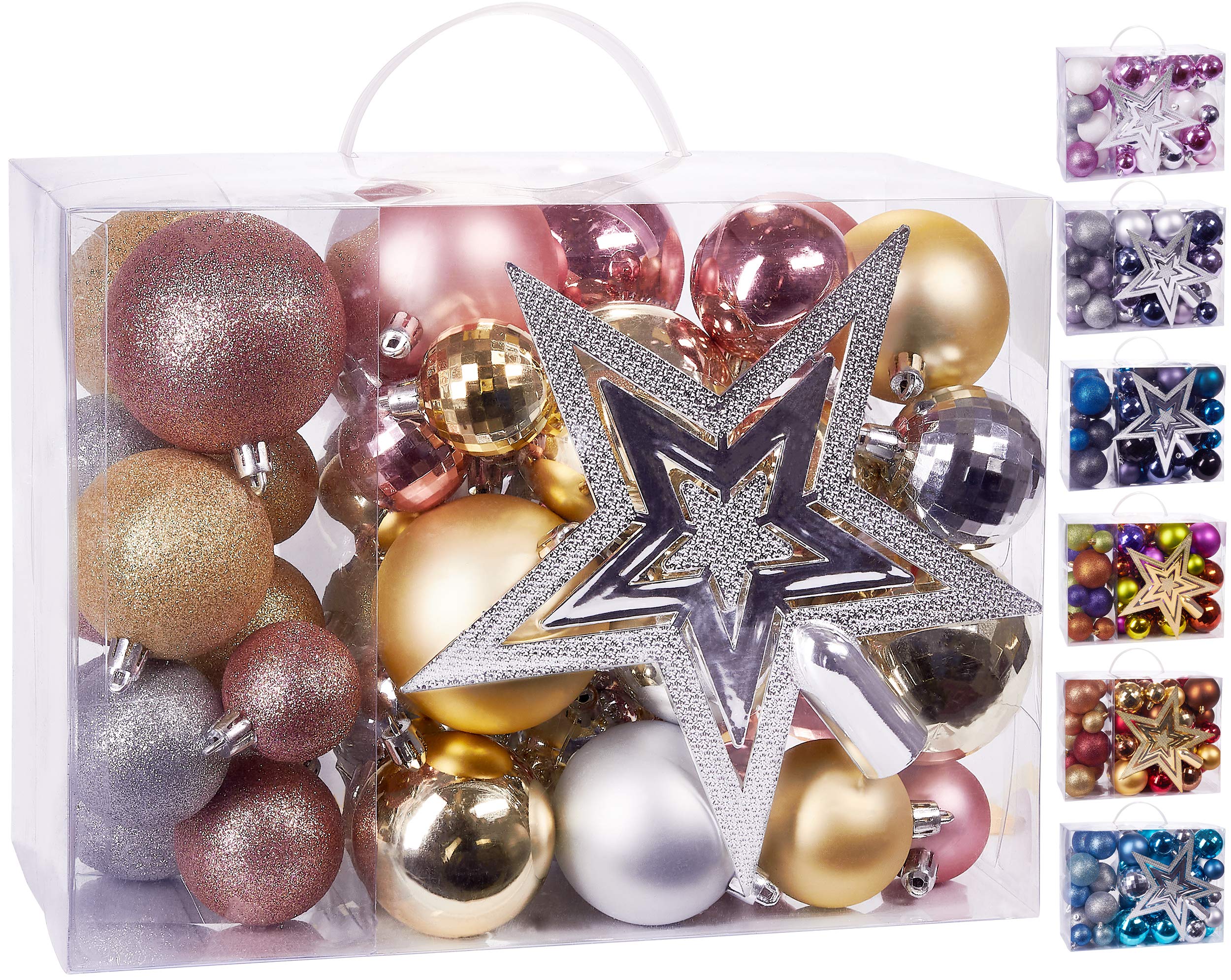 BRUBAKER 50-Piece Set Christmas Balls with Tree Top - Baubles - Christmas Tree Decorations in Pink, Champagne and Silver