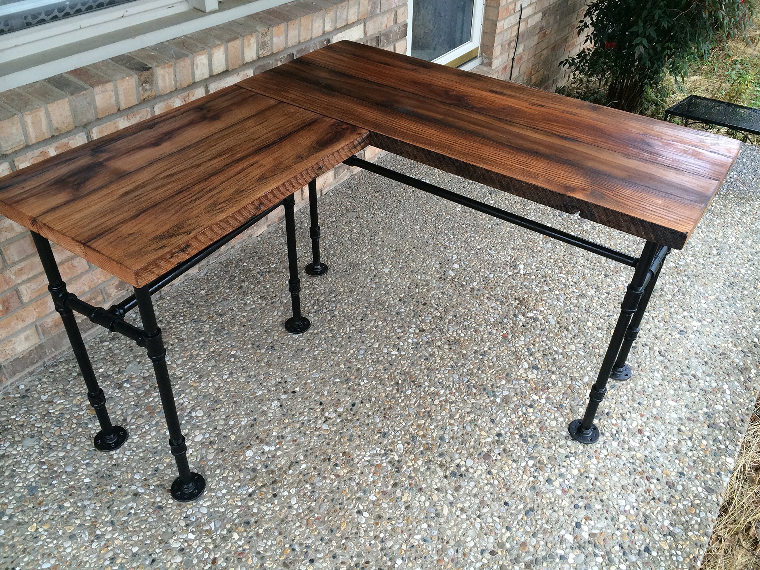 Rustic Reclaimed Barn Wood L Desk Table Solid Oak W/ 28" Black Iron