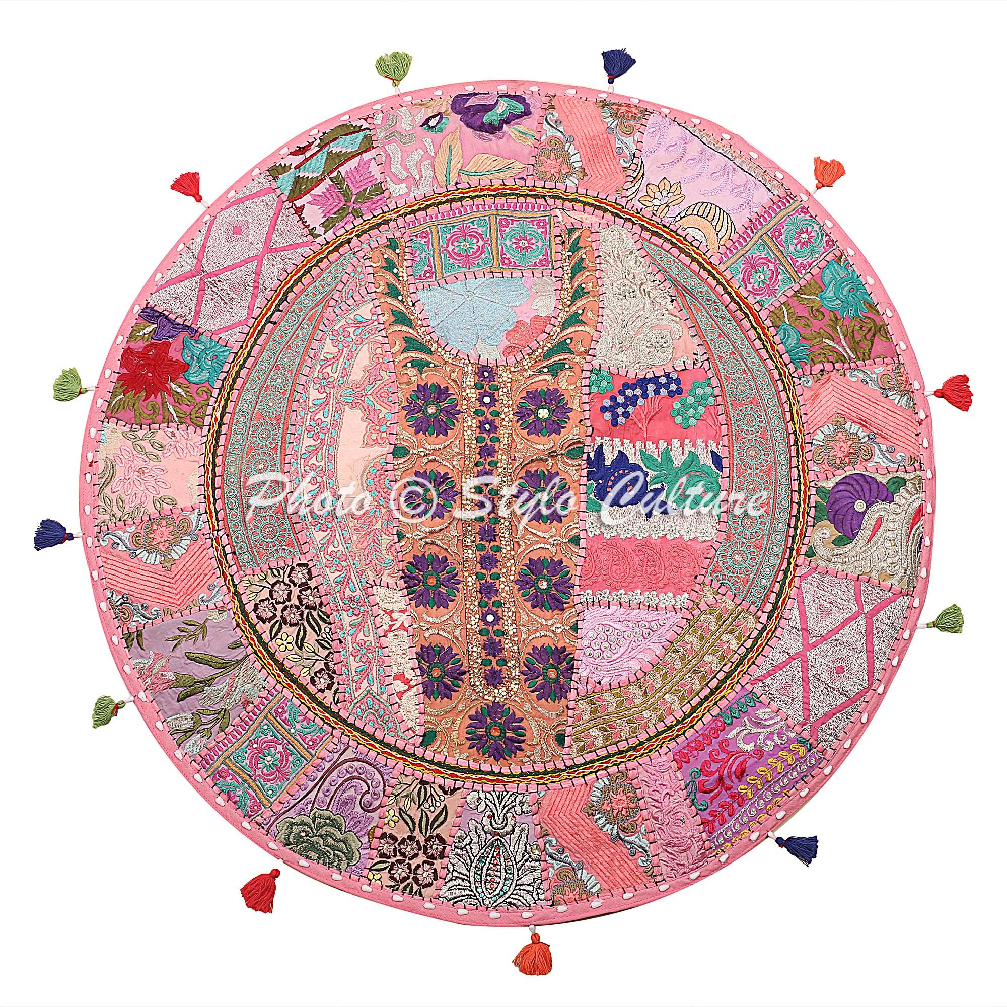 Stylo Culture Ethnic Bohemian Floor Pillow Cushion Seating Scatter Cushion Cover Baby Pink 70x70 cm Vintage Patchwork Living Room Round Large 28 inch Lounge Cotton Embroidered Sitting Furniture Cover