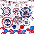 51PCS 4th/Fourth of July Decorations Set - Includes Patriotic Paper Fans,Pom Poms,Banner,Hang Swirls,Balloons - Red White Blu