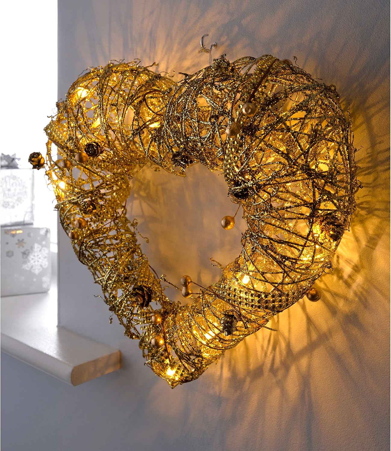 WeRChristmas Pre-Lit Rattan Warm White LED Heart Wreath with Beads and Pinecones, 33 cm - Gold, 33 x 36 x 10 cm - Image 3