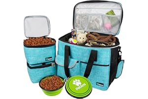 PetAmi Travel Bag Organizer - Dog & Cat Diaper Bag with Food Container and Bowls, Perfect for Weekend Camping (Sea Blue, Large)