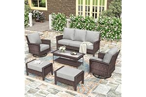 HERA'S HOUSE Wicker Patio Furniture Sets, High Back Swivel Chair with 5.5" Thick Cushions, 6-Piece Outdoor Sectional Conversation Set for Garden Poolside Backyard, Grey