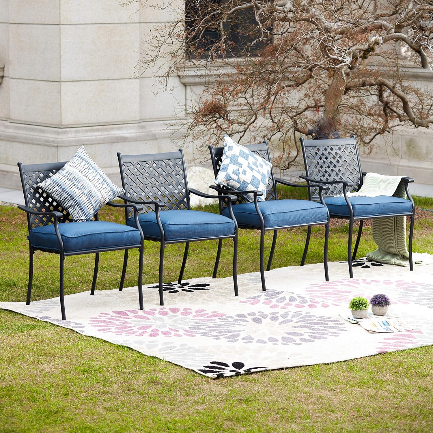 LOKATSE HOME 4 Piece Outdoor Patio Metal Wrought Iron Dining Chair Set with Arms and Seat Cushions - Blue : Garden & Outdoor