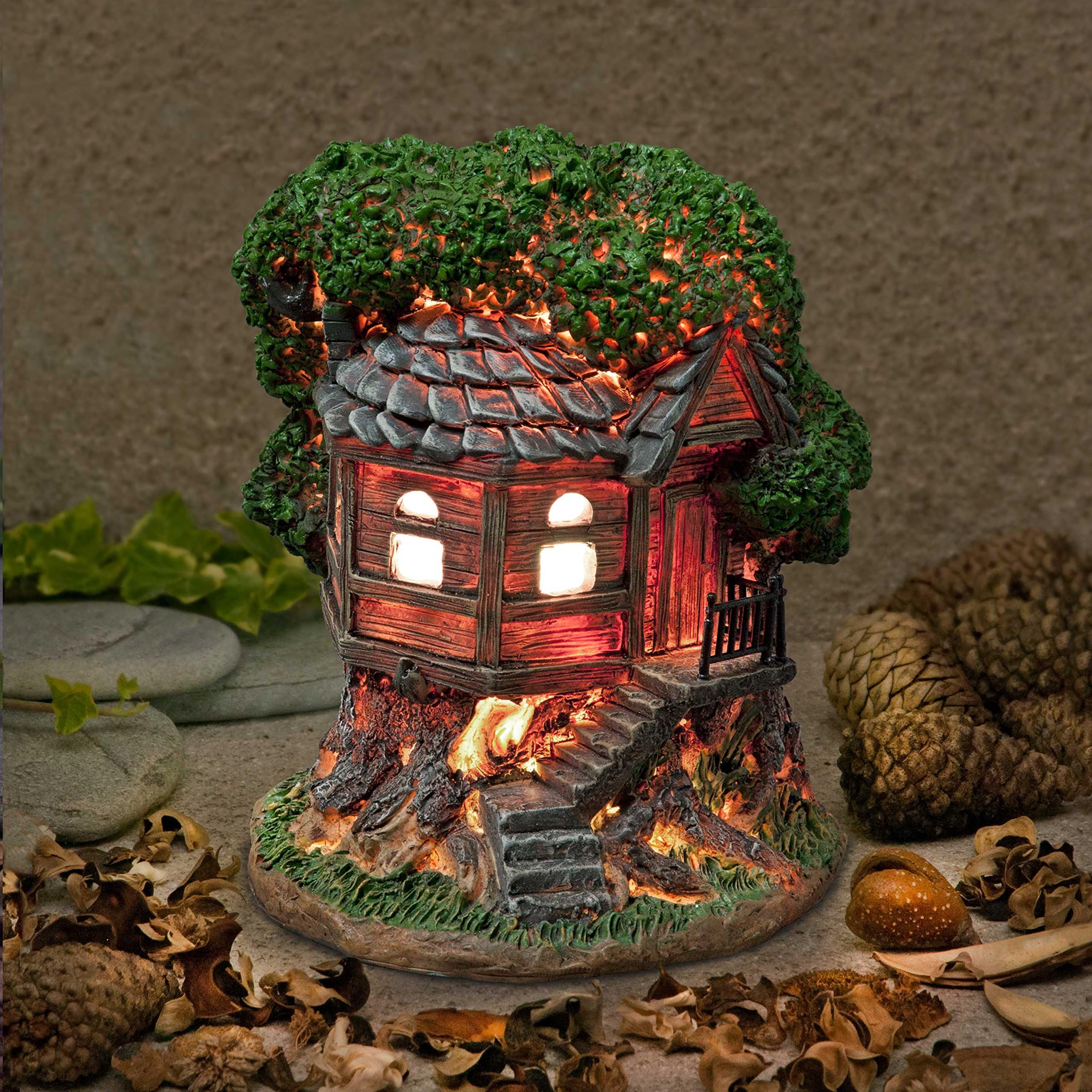 Garden GlowsFairy Dwelling - THE HOME OF FEATHER HEARTFLY - Fairy Treehouse - for indoor outdoor use - with 3 solar powered LEDs