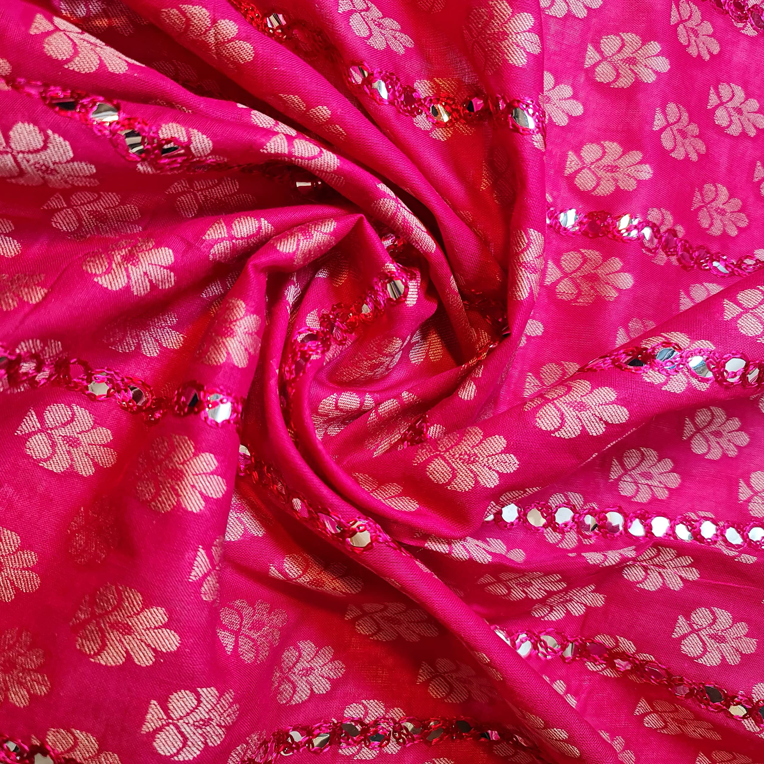 Textile Station Cotton Indian Ethnic Mirror Embroidery Suzani Rangoli Boho Banjara Fabric 45" Wide Pre Cut 1 Meter (Hot Pink)