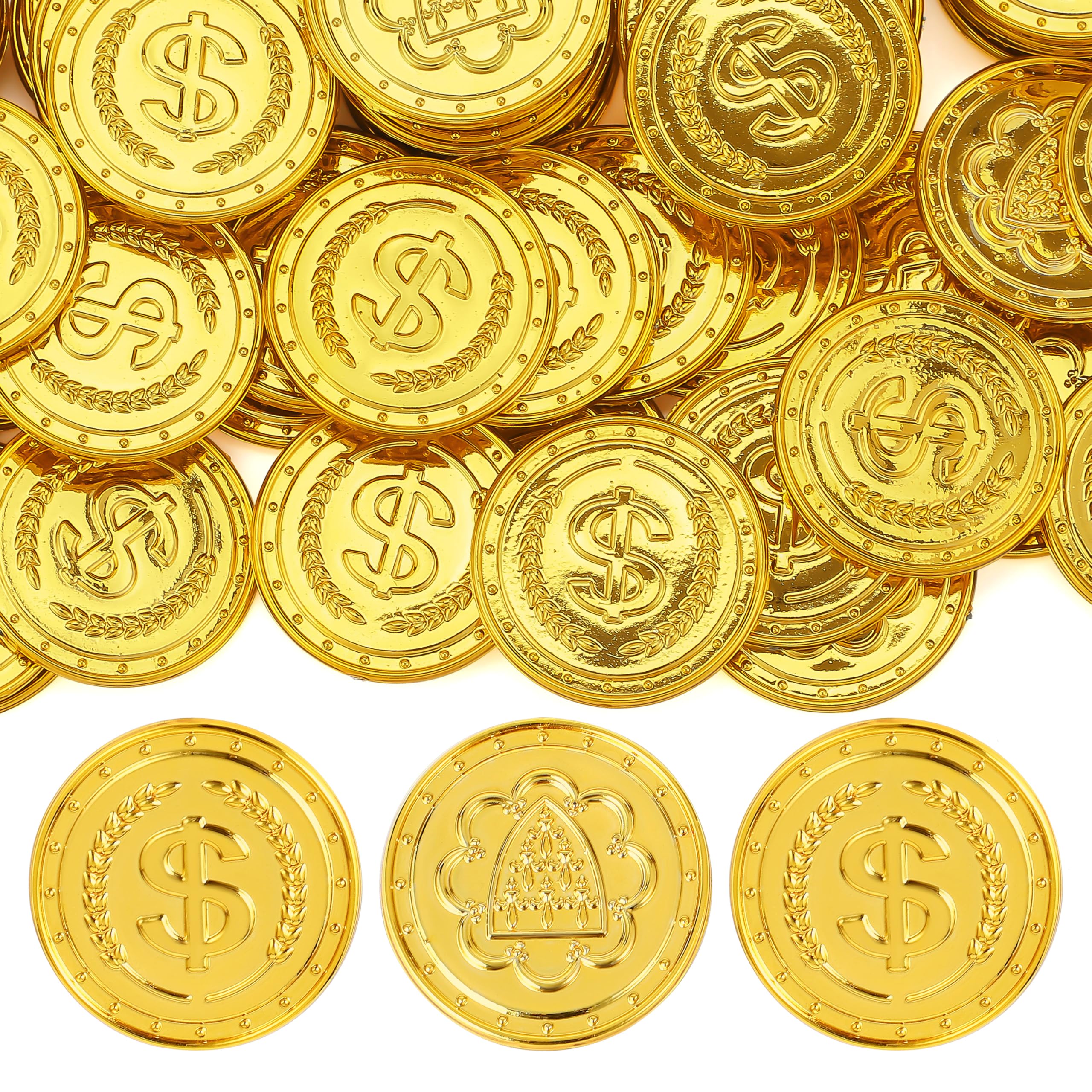Photo 1 of JOYIN 100 PCS Fake Gold Coins, Plastic Pirate Play Coins, Play Treasure Bulk for Treasure Hunt Game and Party Decorations Favors Supplies, Children Party Favors