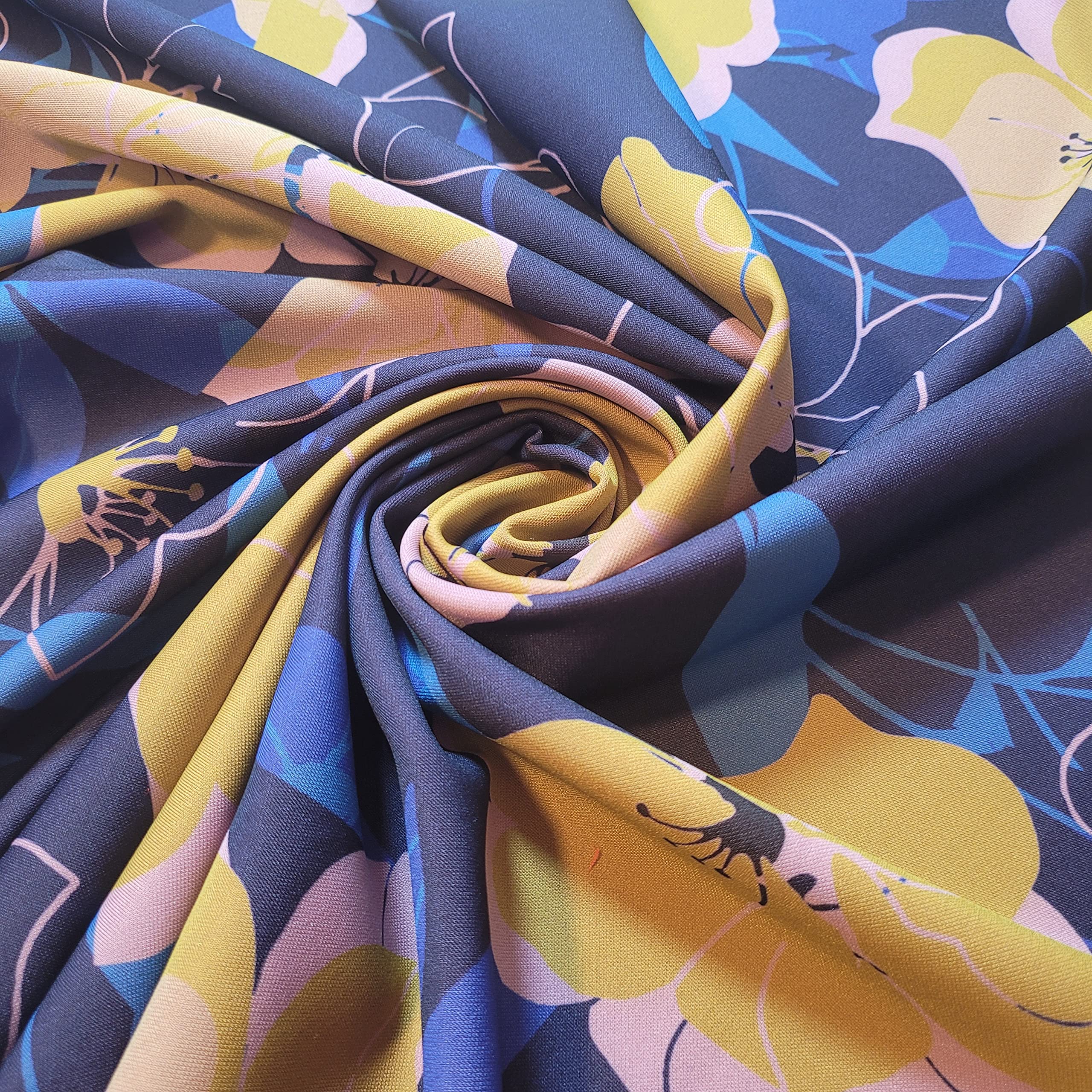 Plain & Printed Scuba Crepe Jersey Stretch Spandex Fabric – Dressmaking Material for Casual & Formal Wear | 58" (150cm) Wide | Sold Per Meter (Pre-Cut Lengths) (Navy Mustard Pink Floral)