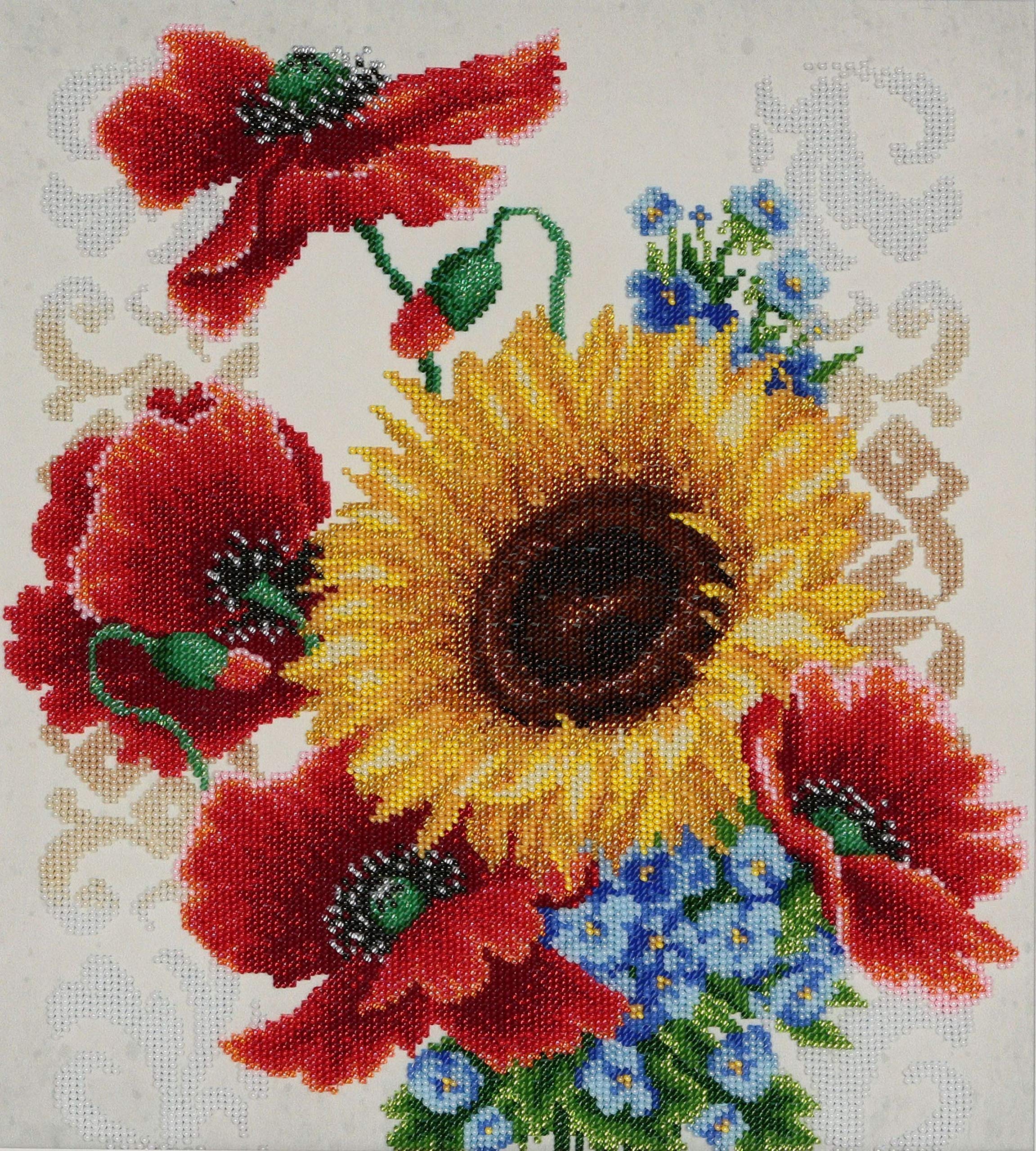 ''Flowers of the Field (Triptych)" Beads Embroidery Kit; contemporary embroidery; gift idea; needlepoint design; decor; seed beads Preciosa;