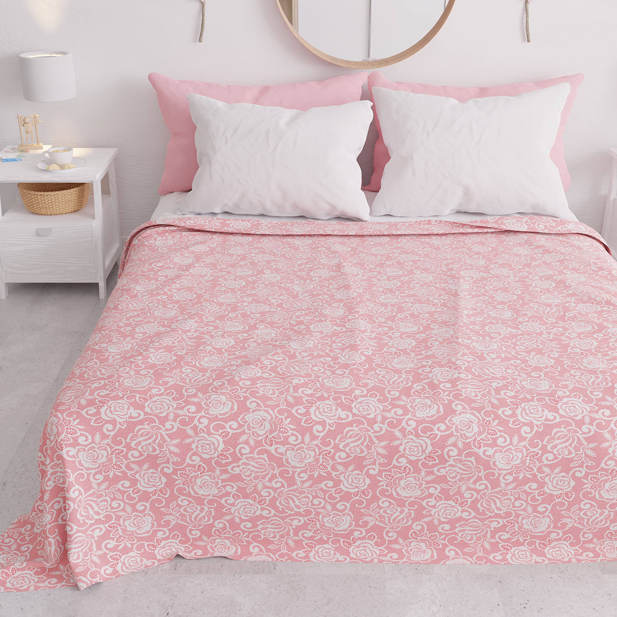 PETTI Artigiani Italiani - Spring-Summer Double Bedspread Light Blanket Queen Size Bed Sheet Pink Rose Lace 100% Made in Italy