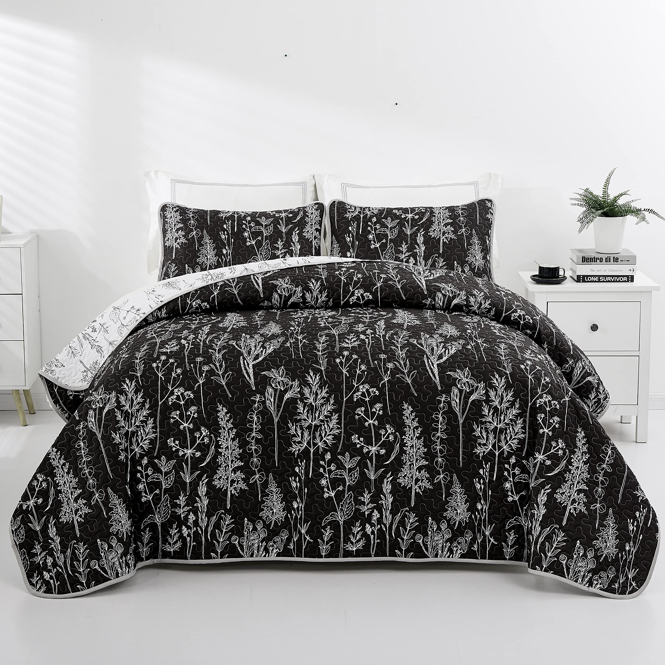 Lunoroey Bedspread Double Size Black And White Bed Spread Floral Botanic Flowers Branches Patchwork Quilt Lightweight Reversible Bedspreads Coverlets All Season Bedding Set