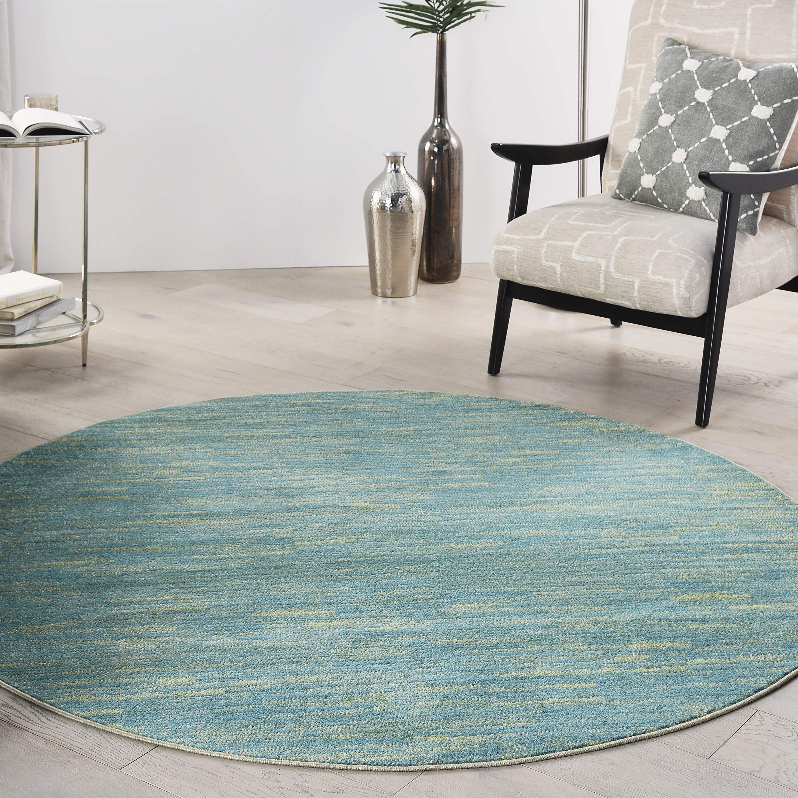 Nourison Essentials Indoor/Outdoor Blue Green 6' x Round Area Rug, Easy ...