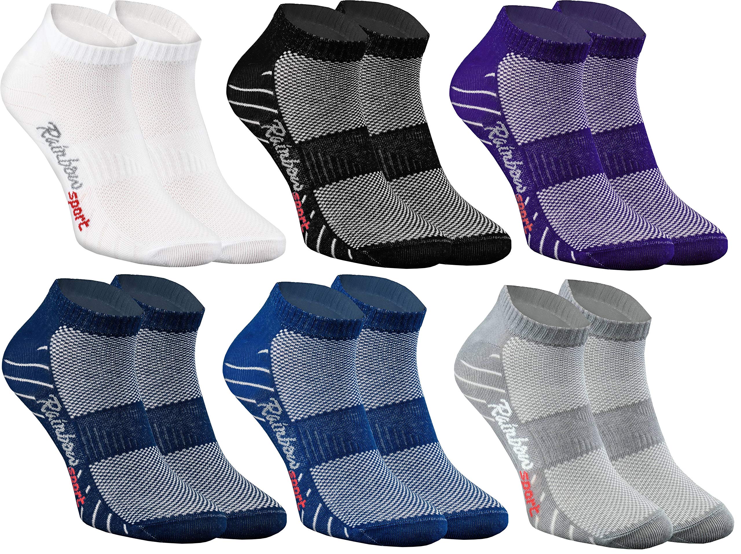Rainbow Socks - Women Men Colourful Cotton Short Trainer Sport Socks - 6 Pairs - White Black Purple Navy Blue Gray Blue - Size 10-11,5