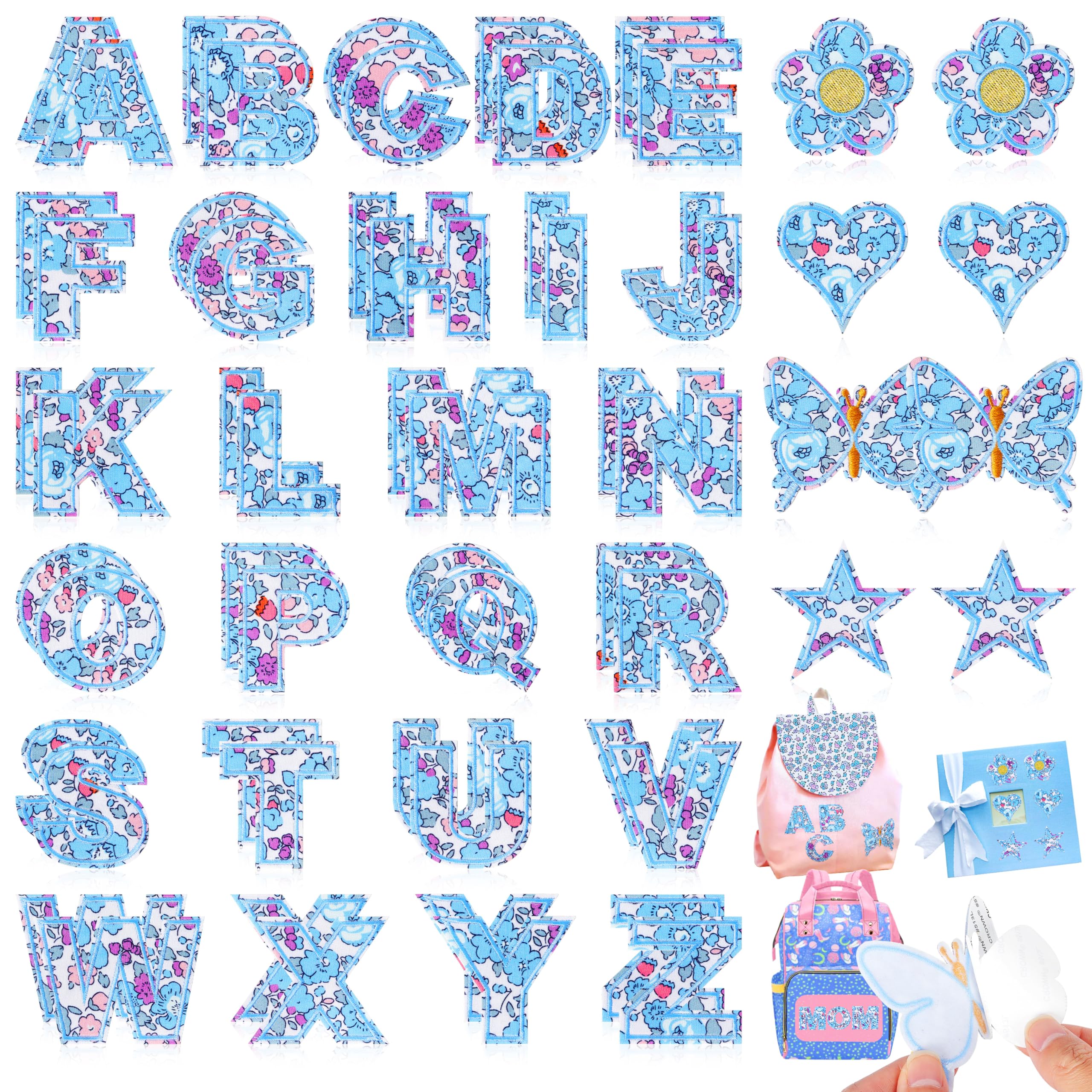 Photo 1 of **POSSIBLY MISSING PIECES** Letter Patches Self-Adhesive for Kids Clothing: Kingsow Blue 60Pcs Flowers Butterfly Letters Patch Stickers A-Z Alphabet Applique - Cute Fabric Letters Patches Stick on Jackets Hats Bags DIY Crafts