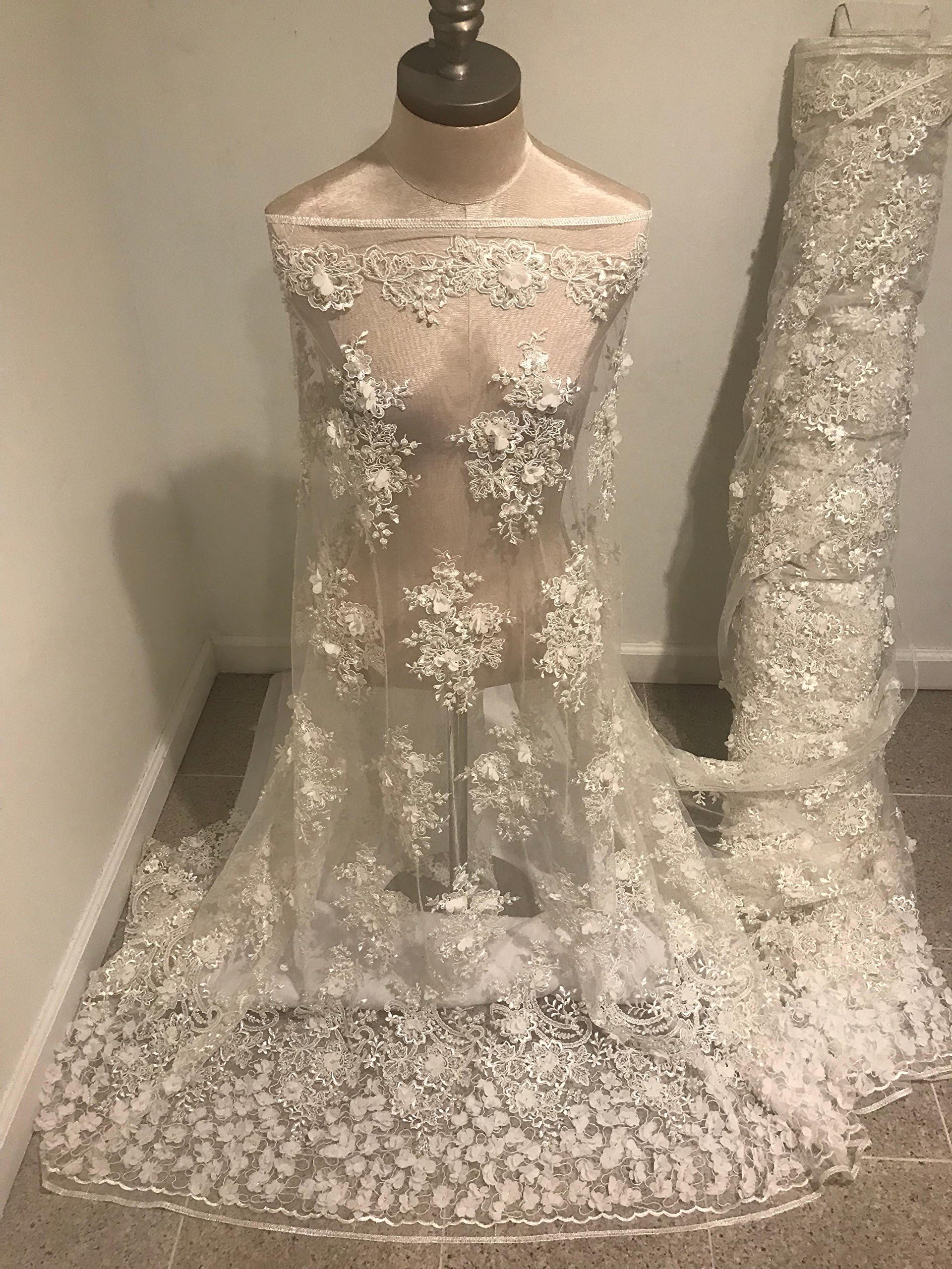 Offwhite 3D Flower w/Beads Sequins Embroidery mesh Lace Fabric 50” Wide Sold by The Yard