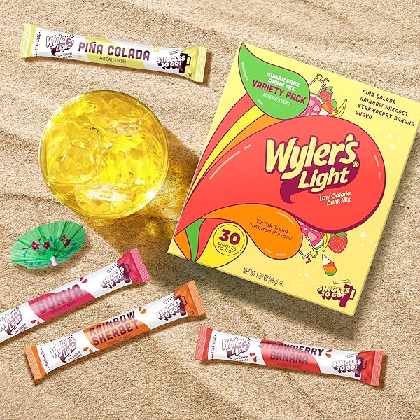 WYLER’S LIGHT ISLAND FLAVORS VARIETY PACK, SINGLES TO GO SUGAR FREE DRINK MIX, LOW CALORIE WATER ENHANCER, 30 STICKS, PIÑA COLADA, RAINBOW SHERBET, STRAWBERRY BANANA, GUAVA