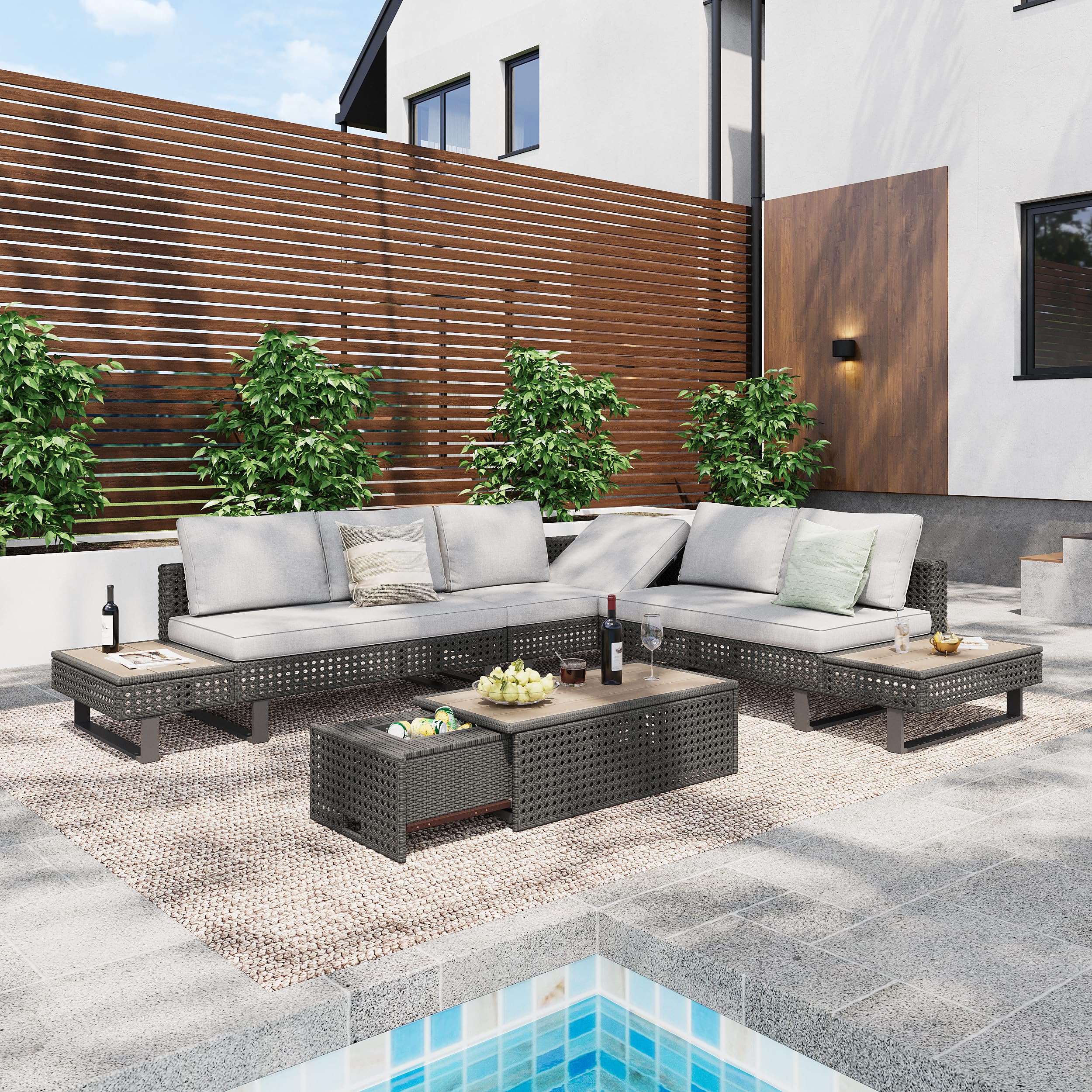 Photo 1 of [Partial set] YOPTO 6-Piece Patio Sectional Furniture Set W/Extendable Coffee Table Built in Ice Bucket&Adjustable Reclining Backrest,Outdoor Conversation Sofa Set W/Side Table&Deep Cushions,for Porch,Backyard,Gray