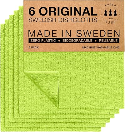 SUPERSCANDI 6 Pack Reusable Swedish Dishcloths 100% Biodegradable Apple Green