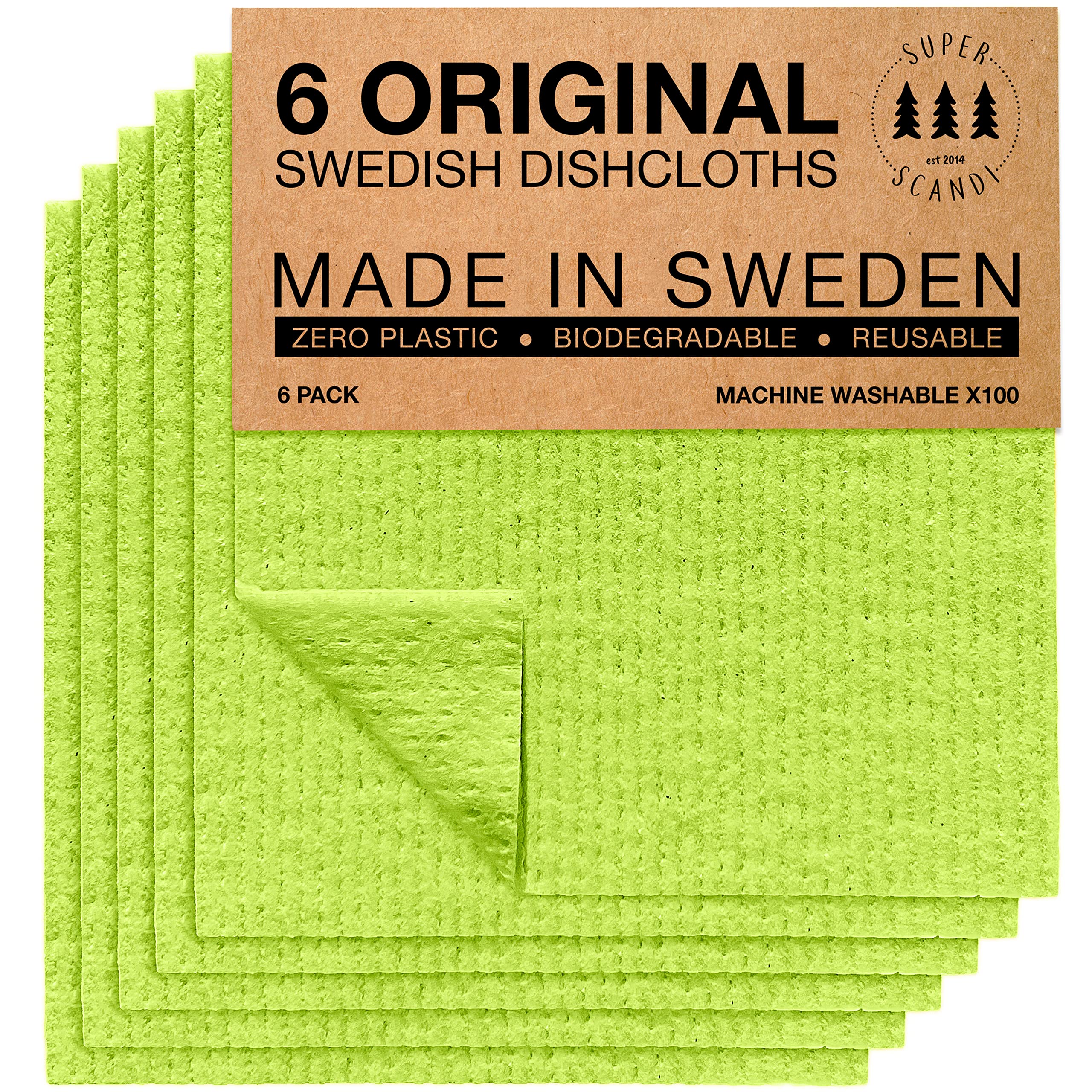 SUPERSCANDI 6 Pack Reusable Cleaning Cloths - 100% Biodegradable & Compostable Washable Swedish Dishcloth - Food-Safe & Plastic-Free Kitchen Cloth Suitable for Any Surface, Apple Green