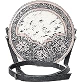 Merbaa western Handtooled Cowhide Hairon Canteen Crossbody bag with Adjustable Detachable Leather Strap,Antique dye finish