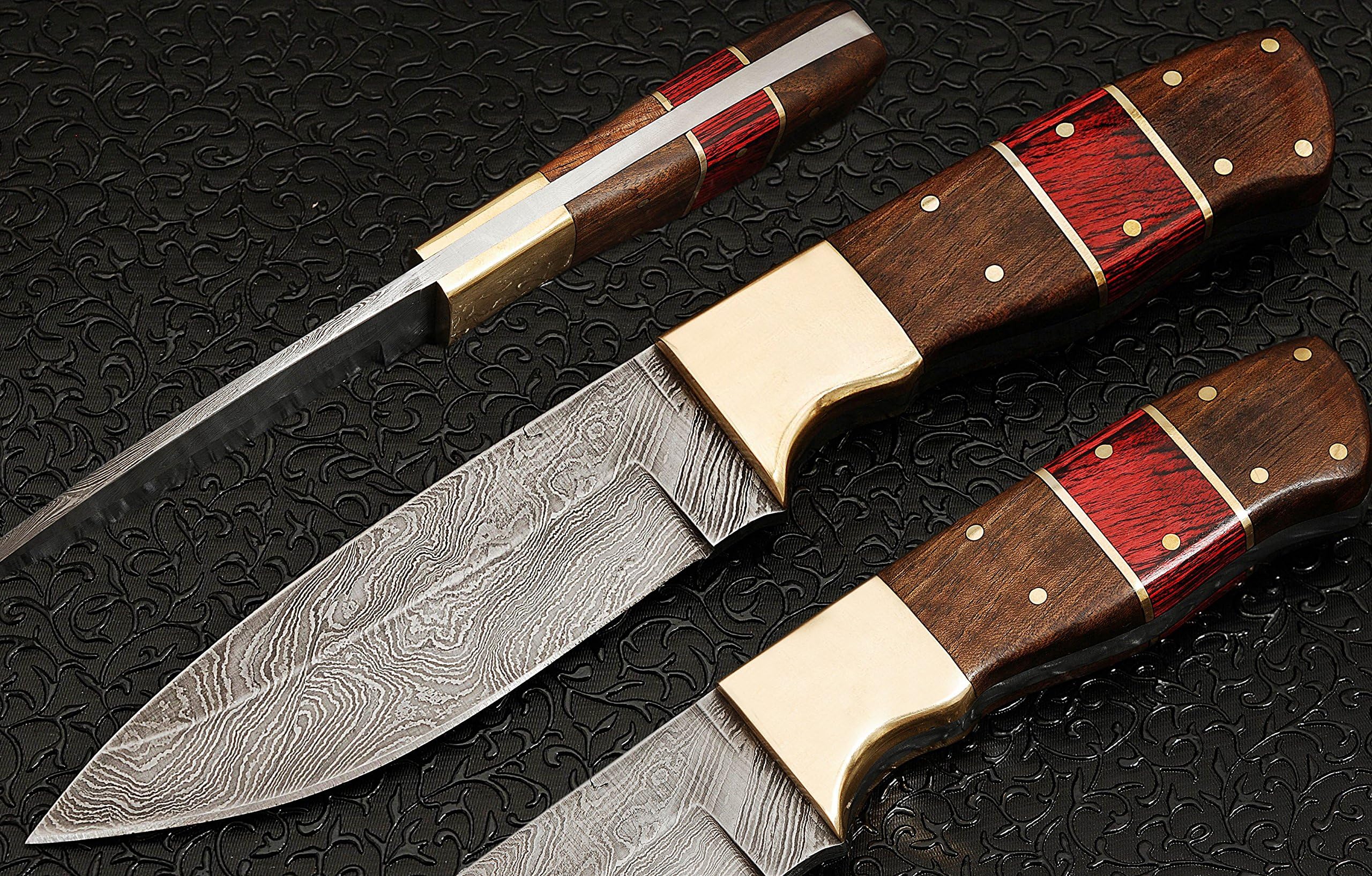 WT-2751 Custom hand made damascus steel blade gorgeous hunting knife with leather pouch.