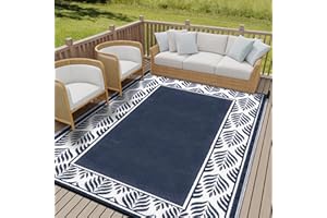HUGEAR Outdoor Plastic Straw Rug, Waterproof Mat, Washable Large Floor Mat and Rug for Outdoors, RV, Beach, Patio, Camping, Backyard, Deck, Picnic, Outside (Olive-Leaf/Dark Blue&White,9x12ft)