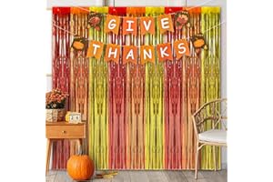 algpty 3 Pack Thanksgiving Foil Curtains, Thanksgiving Friendsgiving Party Decorations Photo Backdrop with GIVE THANKS Banner,3.3 x 6.6FT Red Orange Yellow Tinsel Curtains Fall Streamers Decor Indoor