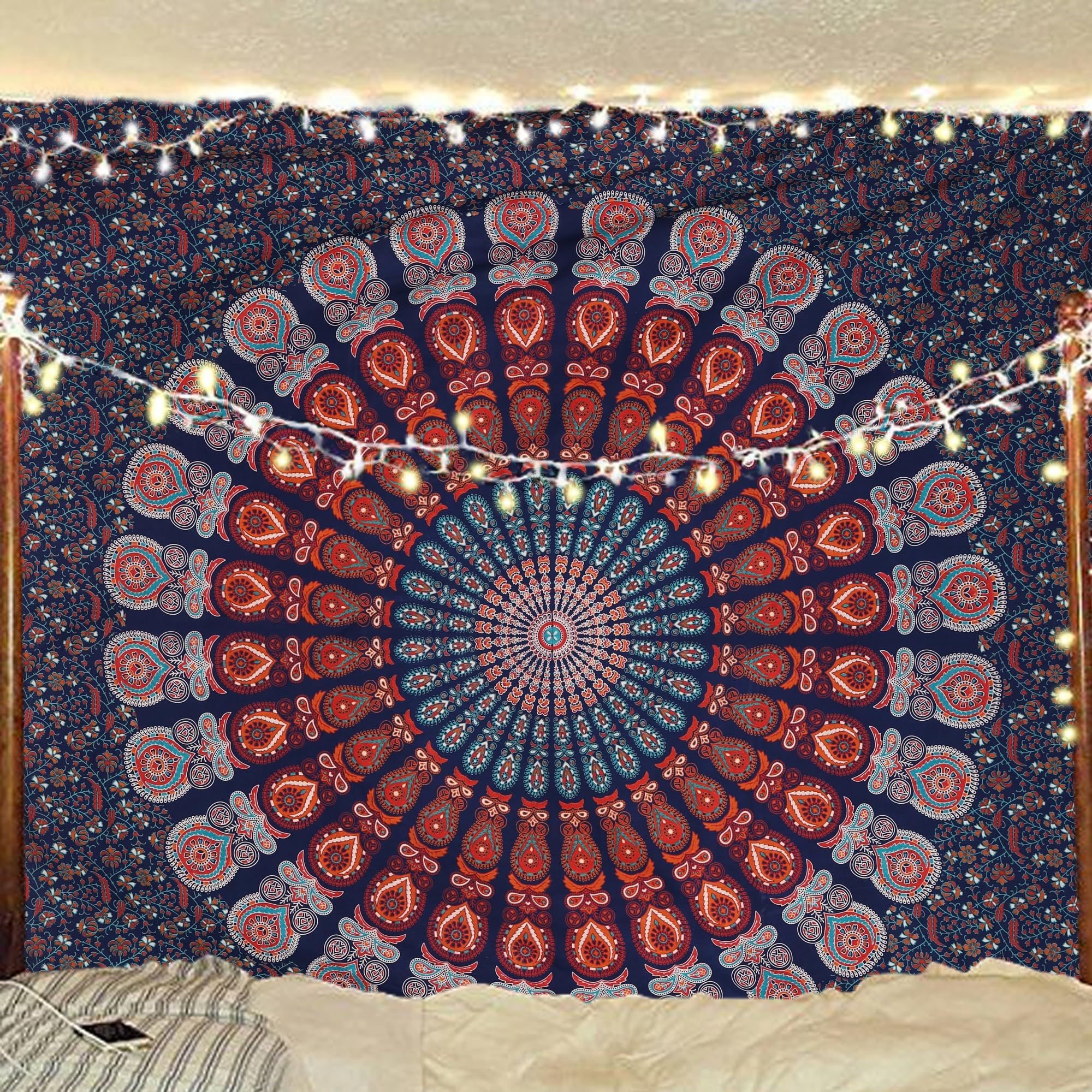 Bless International Indian hippie Bohemian Psychedelic Peacock Mandala Wall hanging Bedding Tapestry (Golden Blue White, 264.16L X 223.52W cm)