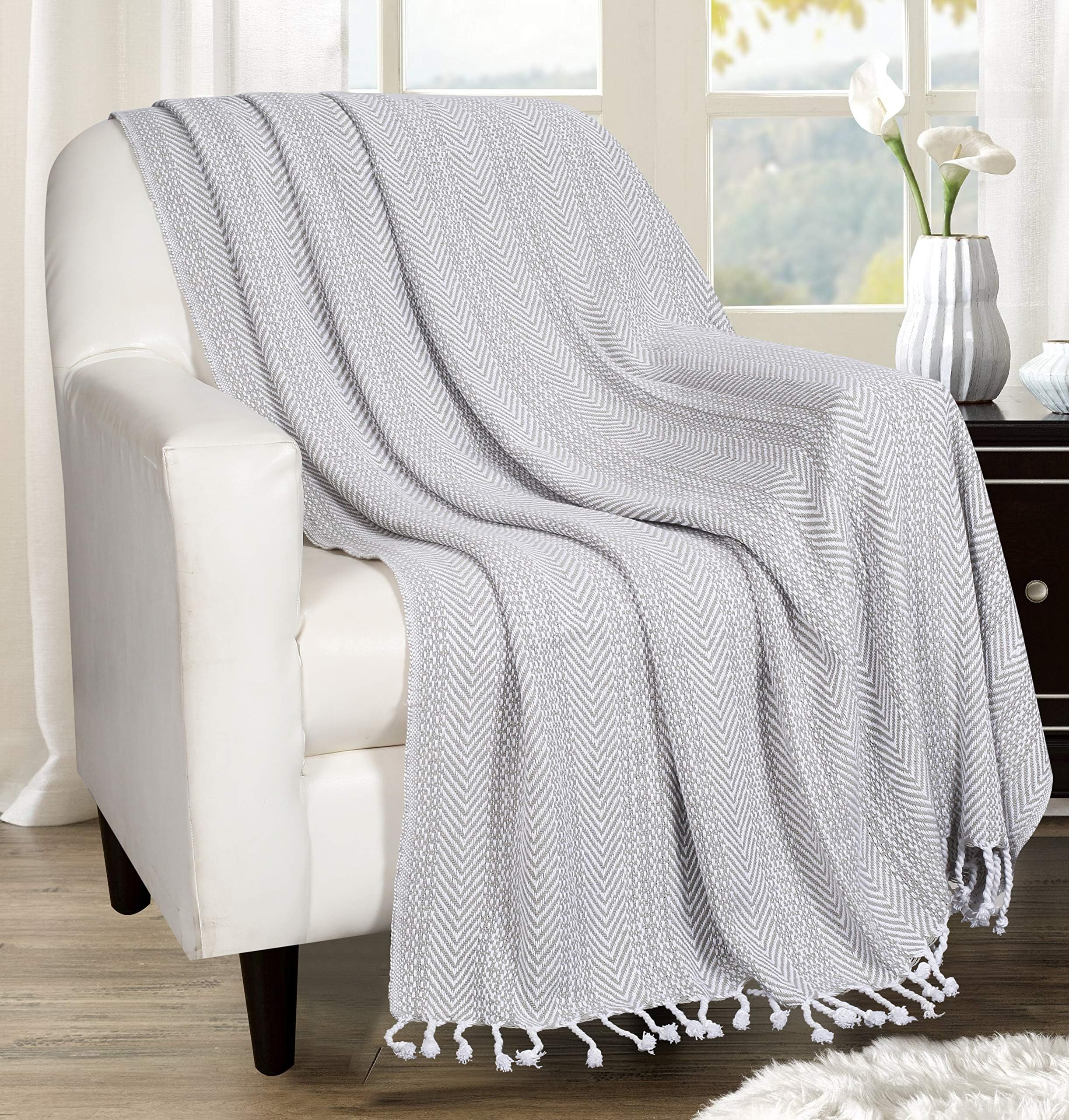 Farmhouse Throws Blanket with Fringe for Chair,Couch,Picnic,Camping, Beach,Throws for Couch,Everyday Use, Cotton Throw Blanket with Super Soft and Excellent Handfeel 50 x 60 -Mercury