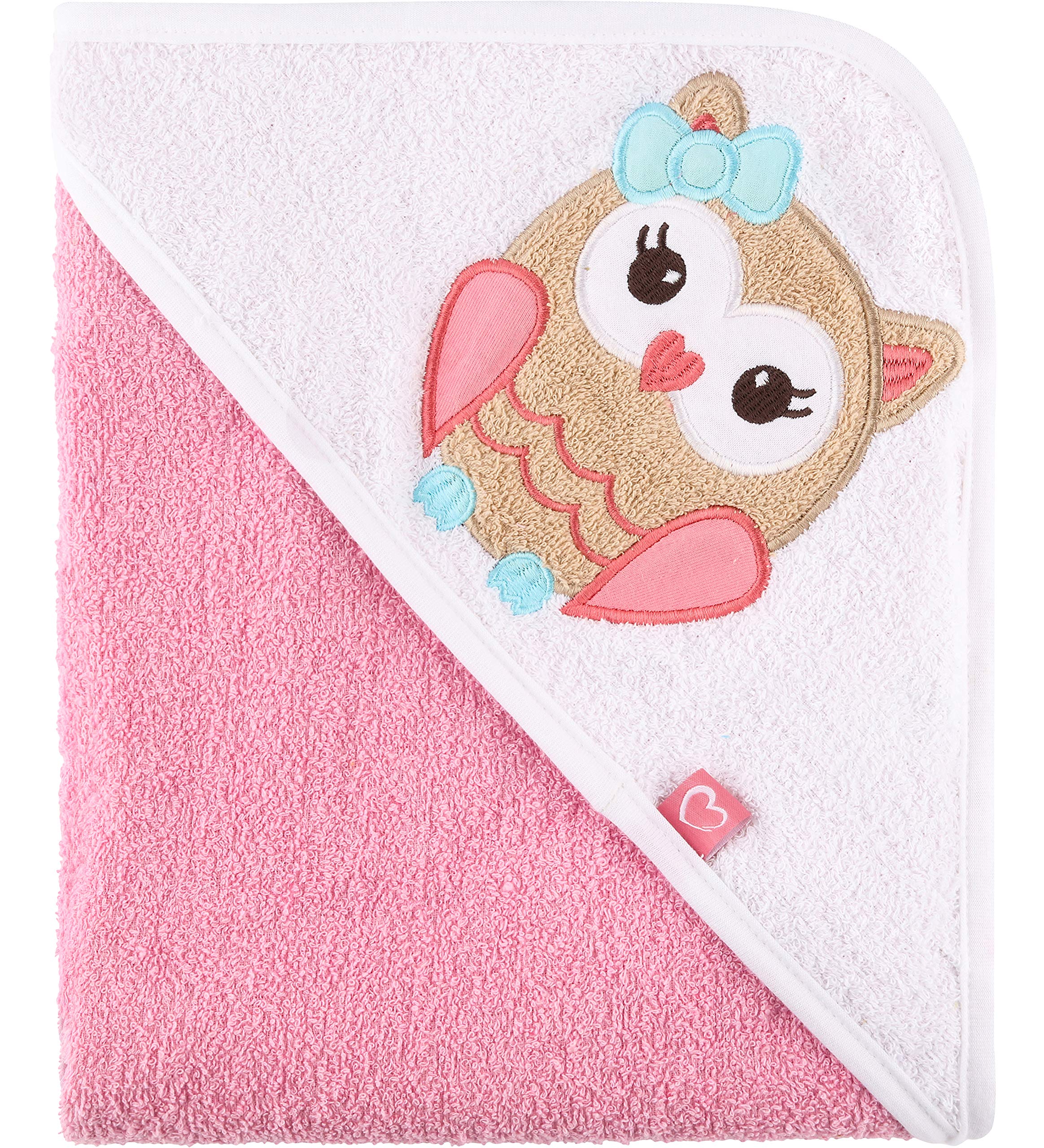Be Mammy Baby Hooded Towel Made of Cotton Oeko-Tex Standard 100 39.37in x 39.37in BE20-240 (Pink - Owl)