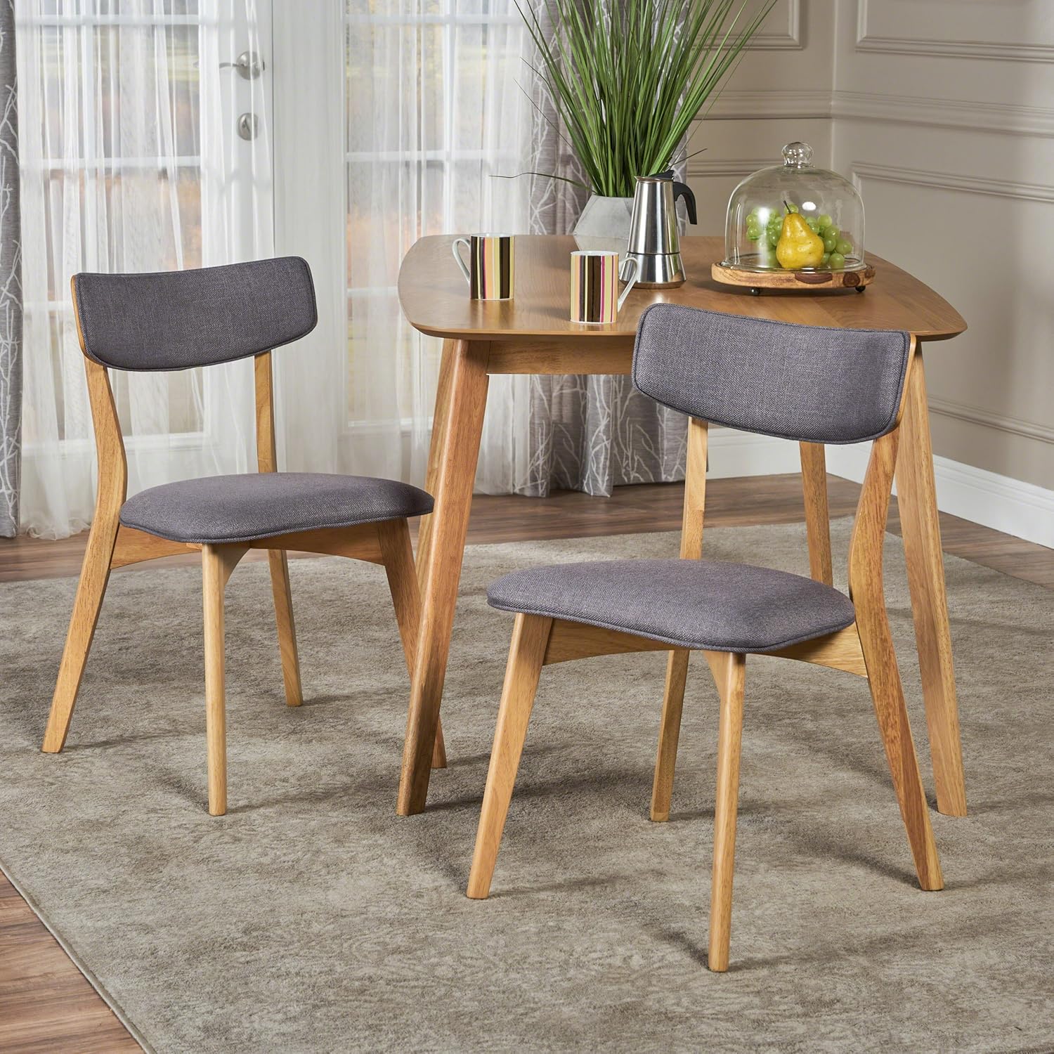 Molly Mid Century Modern Dark Grey Fabric Dining Chairs with Natural Oak Finished Rubberwood Frame (Set of 2)