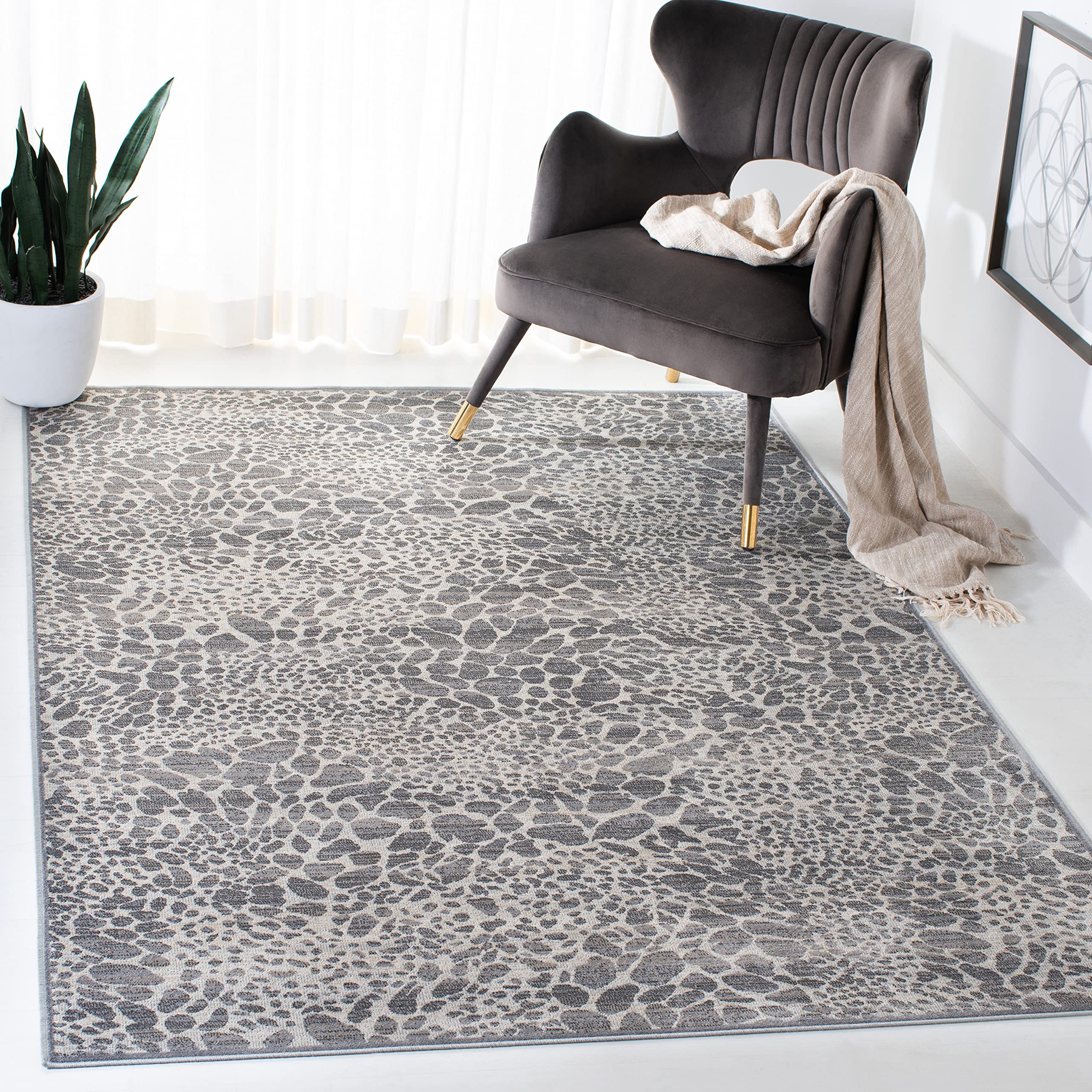 Safavieh Animal Print Indoor Woven Rectangle Area Rug, Atlas Collection, ATL985, in Ivory/Grey, 99 X 160 cm for Living Room, Bedroom or Any Indoor Space